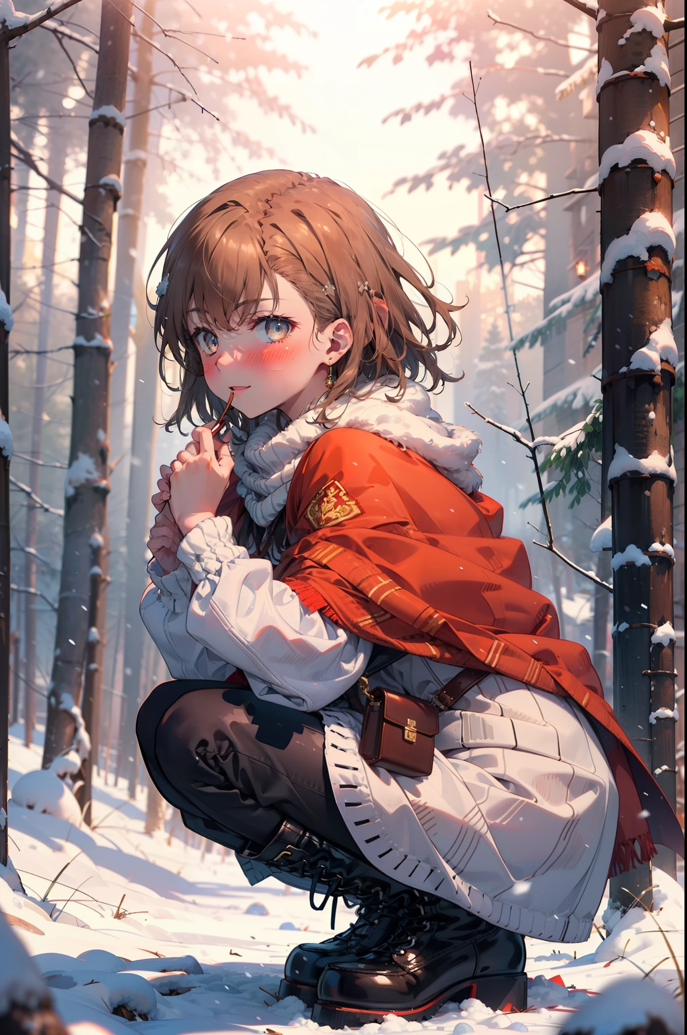 Mycotrose, Brown eyes,Brown Hair,short hair,smile,blush,White Breath,
Open your mouth,snow,Ground bonfire, Outdoor, boots, snowing, From the side, wood, suitcase, Cape, Blurred, Increase your meals, forest, White handbag, nature, Squat, Mouth closed, フードed Cape, winter, Written boundary depth, Black shoes, red Cape break looking at viewer, Upper Body, whole body, break Outdoor, forest, nature, break (masterpiece:1.2), highest quality, High resolution, unity 8k wallpaper, (shape:0.8), (Beautiful and beautiful eyes:1.6), Highly detailed face, Perfect lighting, Highly detailed CG, (Perfect hands, Perfect Anatomy),