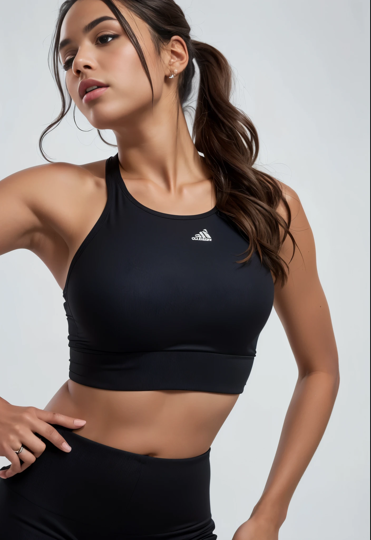 a woman in a black esportes bem top and black shorts, sport bra, training bra, detailed esportes bem, topo de colheita, esportes bem, sports bra and shirt, halter top, vestindo uma blusa preta cropped, corte superior, sports bra and shorts, black halter top, vestindo uma regata preta cortada, halter top, sports bra and dark blue shorts