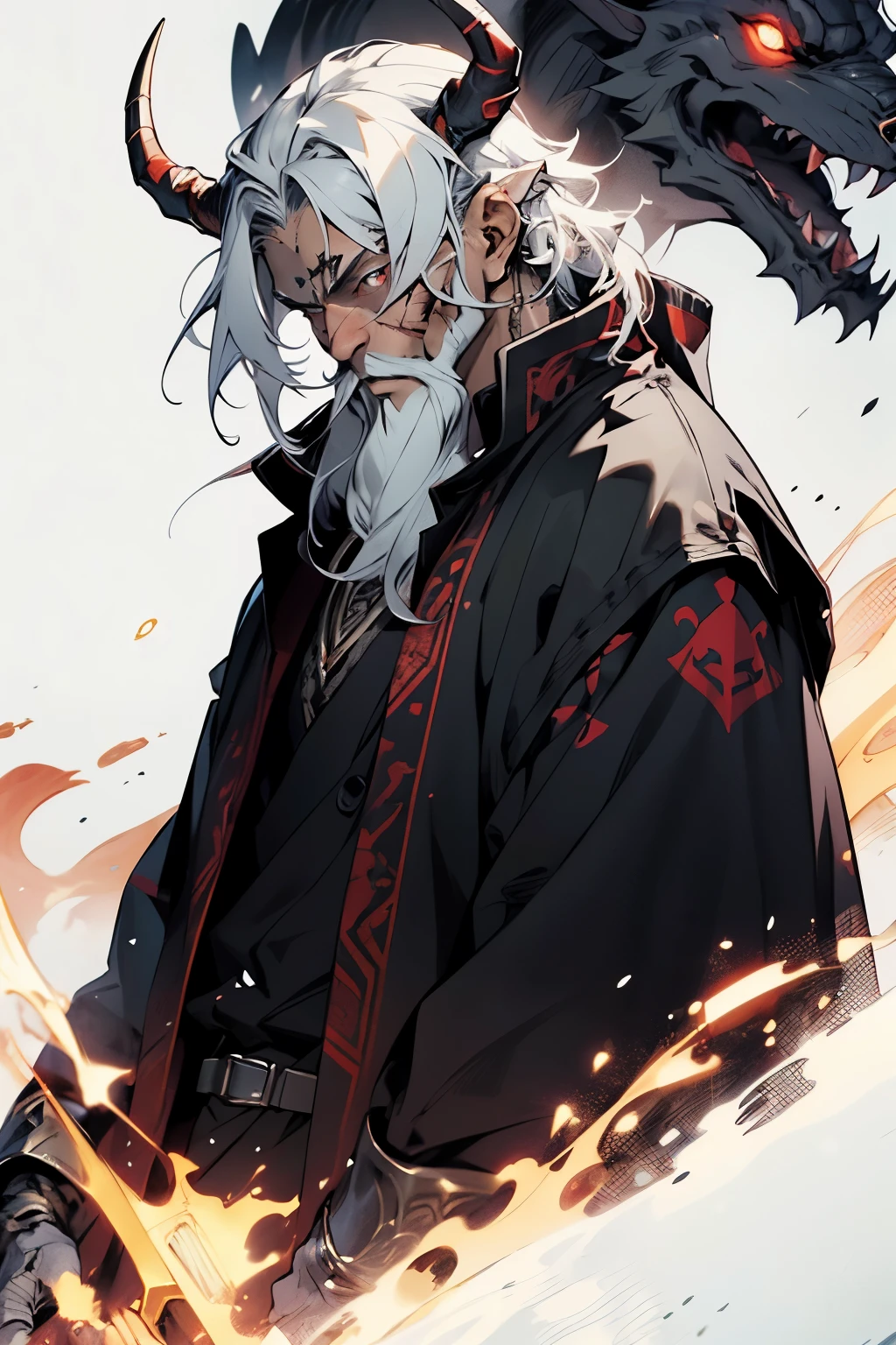 ((Best quality)), ((masterpiece)), (detailed), horns, White skin, ash hair, boy, medium build, Red eyes, black robe, Man, Scars, white beard, Light armor, Closed body