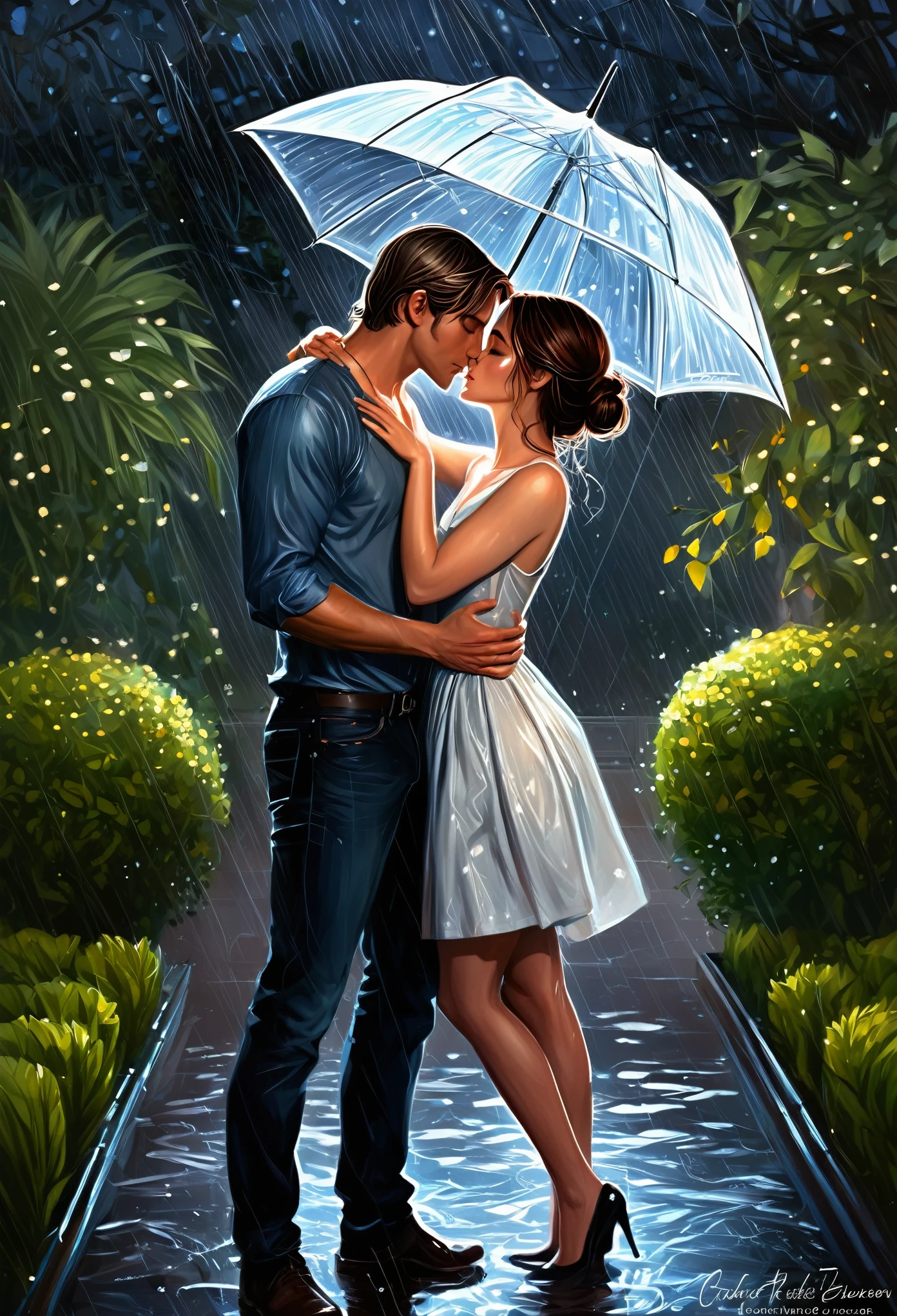 a couple kissing in the rain in a garden at night, romance novel cover, romantic painting, charlie bowater and artgeem, concept art of love, style of charlie bowater, romantic couple, charlie bowater art style, neoartcore and charlie bowater, greg hildebrandt highly detailed, in style of charlie bowater, beautiful depiction