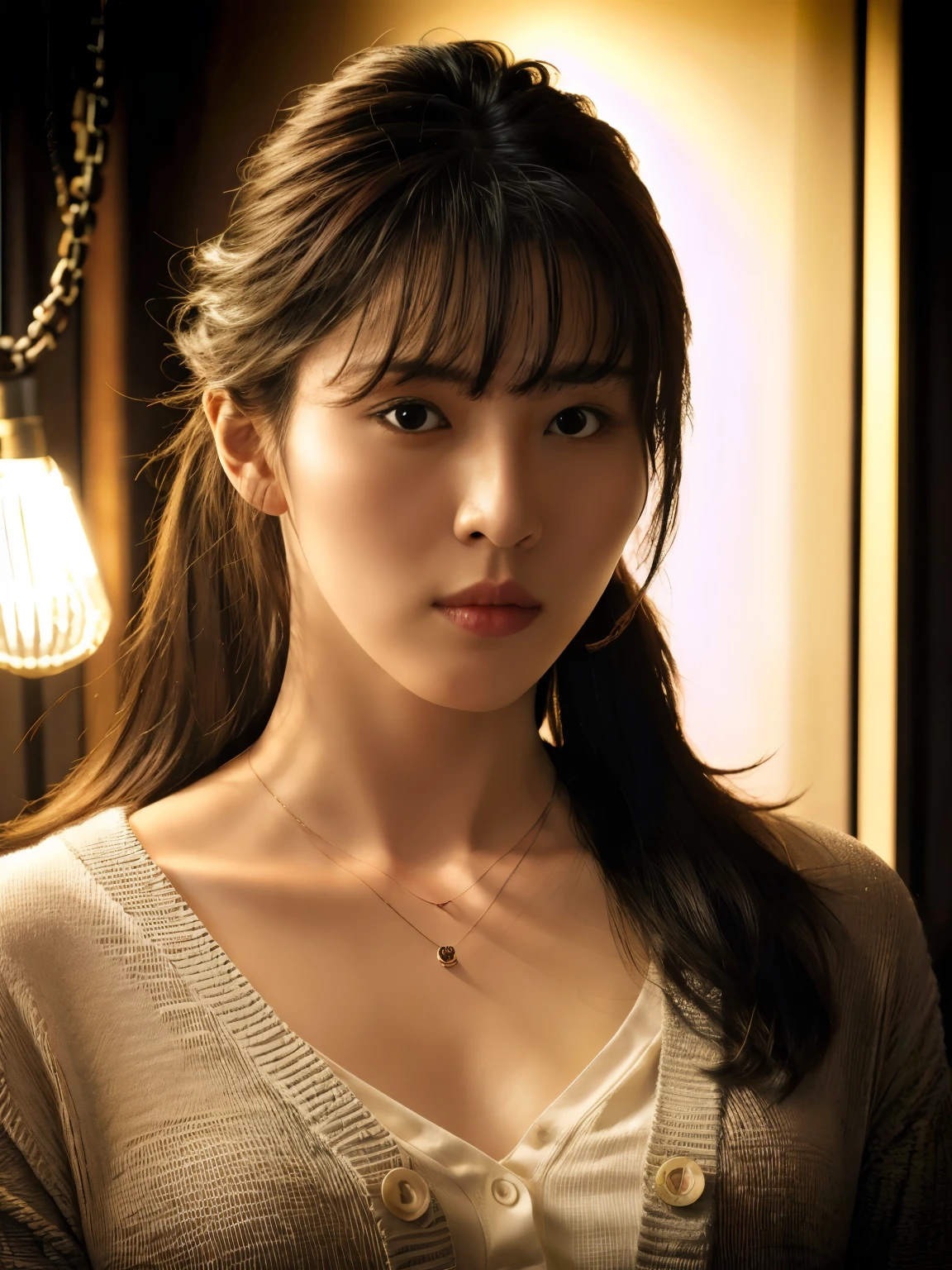 hansohee in cardigan, necklace, hair bangs, (looking to camera:1.1), hair tied up, selfie
dark bedroom, rim lighting, two tone lighting, dimly lit, low key,
, hyper realistic lifelike texture dramatic lighting unrealengine trending on artstation,award winning photo,nikon RAW photo,8 k,Fujifilm XT3,masterpiece, best quality, realistic, photorealistic,ultra detailed,extremely detailed face,