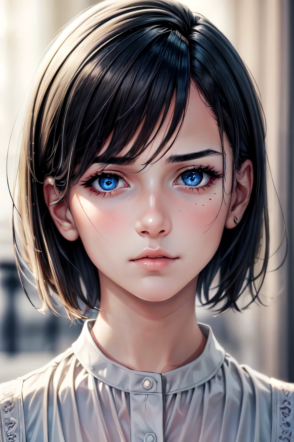 (Browsing Caution:-1), (masterpiece:1.3), (8k, Realistic, RAW Photos, highest quality: 1.4), (One girl), Beautiful Face, (Realistic Face), Beautiful hairstyle, (short hair :1.5), Realistic eyes, Beautiful fine details, (Realistic Skin), Beautiful Skin, (blouse), Absurd, Charm, Ultra-high resolution, Ultra-realistic, Very detailed, Golden Ratio, A sad expression,