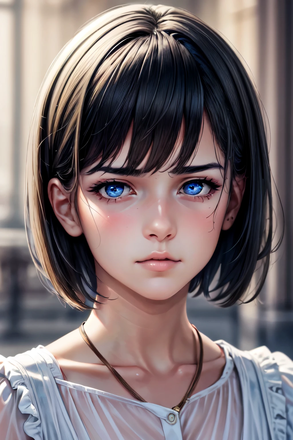 (Browsing Caution:-1), (masterpiece:1.3), (8k, Realistic, RAW Photos, highest quality: 1.4), (One girl), Beautiful Face, (Realistic Face), Beautiful hairstyle, (short hair :1.5), Realistic eyes, Beautiful fine details, (Realistic Skin), Beautiful Skin, (blouse), Absurd, Charm, Ultra-high resolution, Ultra-realistic, Very detailed, Golden Ratio, A sad expression,