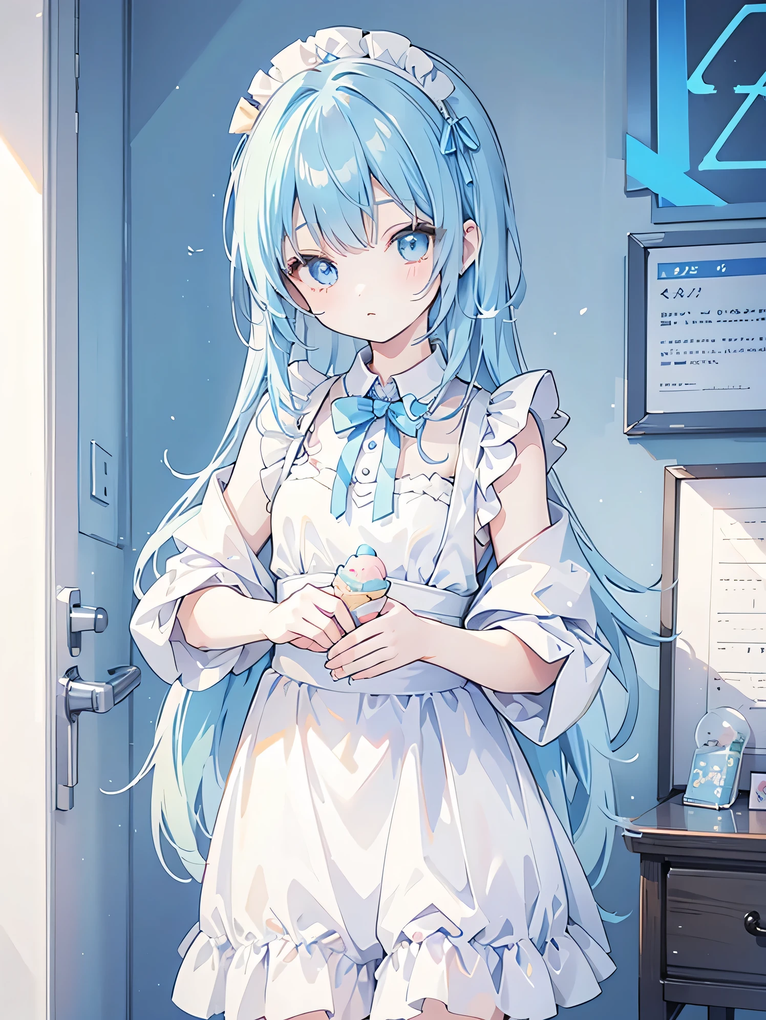 Maid clothes,girl,cute,pastel Blue,Blue Hair,cute,ice cream