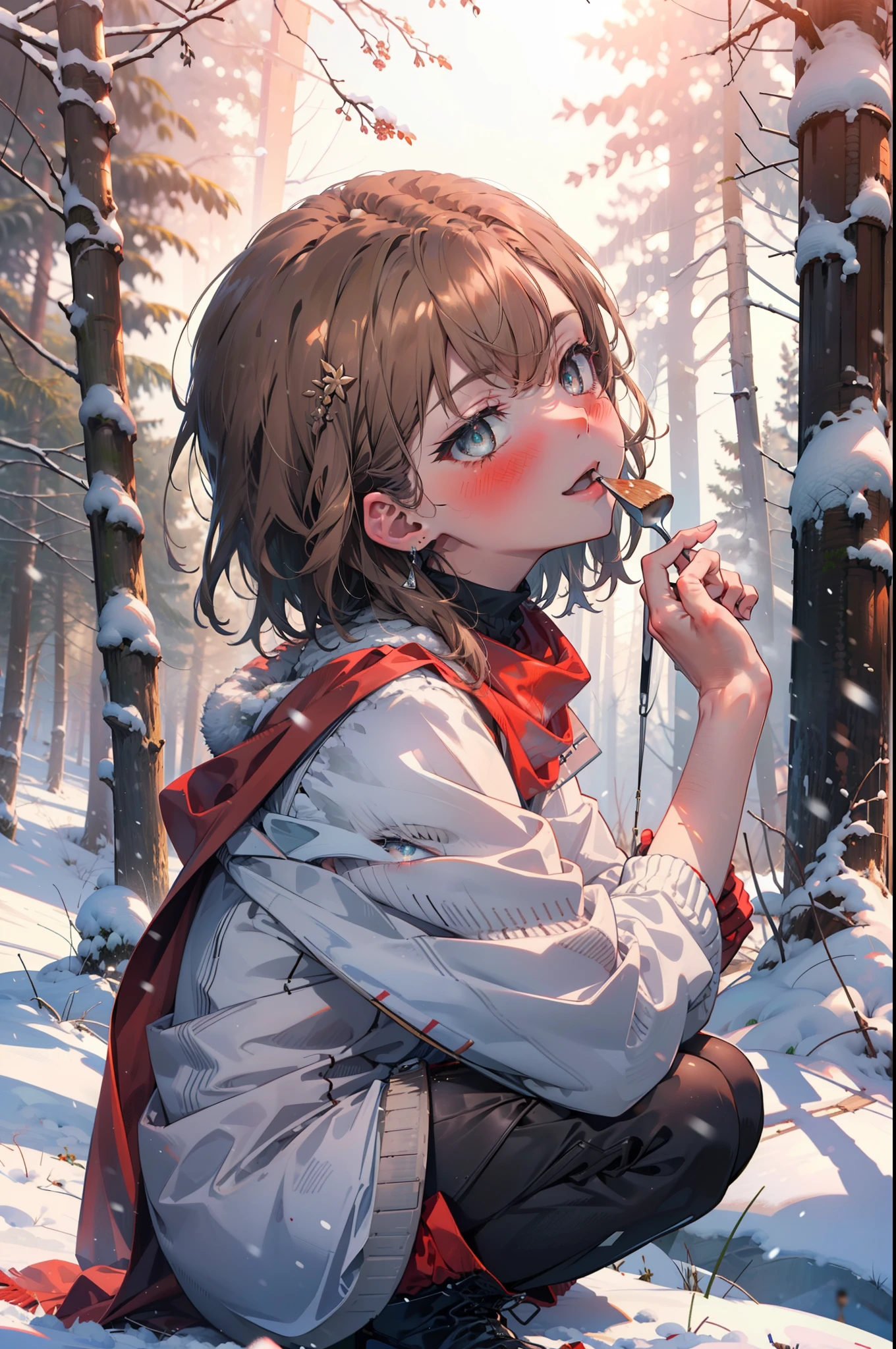 Mycotrose, Brown eyes,Brown Hair,short hair,smile,blush,White Breath,
Open your mouth,snow,Ground bonfire, Outdoor, boots, snowing, From the side, wood, suitcase, Cape, Blurred, Increase your meals, forest, White handbag, nature, Squat, Mouth closed, フードed Cape, winter, Written boundary depth, Black shoes, red Cape break looking at viewer, Upper Body, whole body, break Outdoor, forest, nature, break (masterpiece:1.2), highest quality, High resolution, unity 8k wallpaper, (shape:0.8), (Beautiful and beautiful eyes:1.6), Highly detailed face, Perfect lighting, Highly detailed CG, (Perfect hands, Perfect Anatomy),