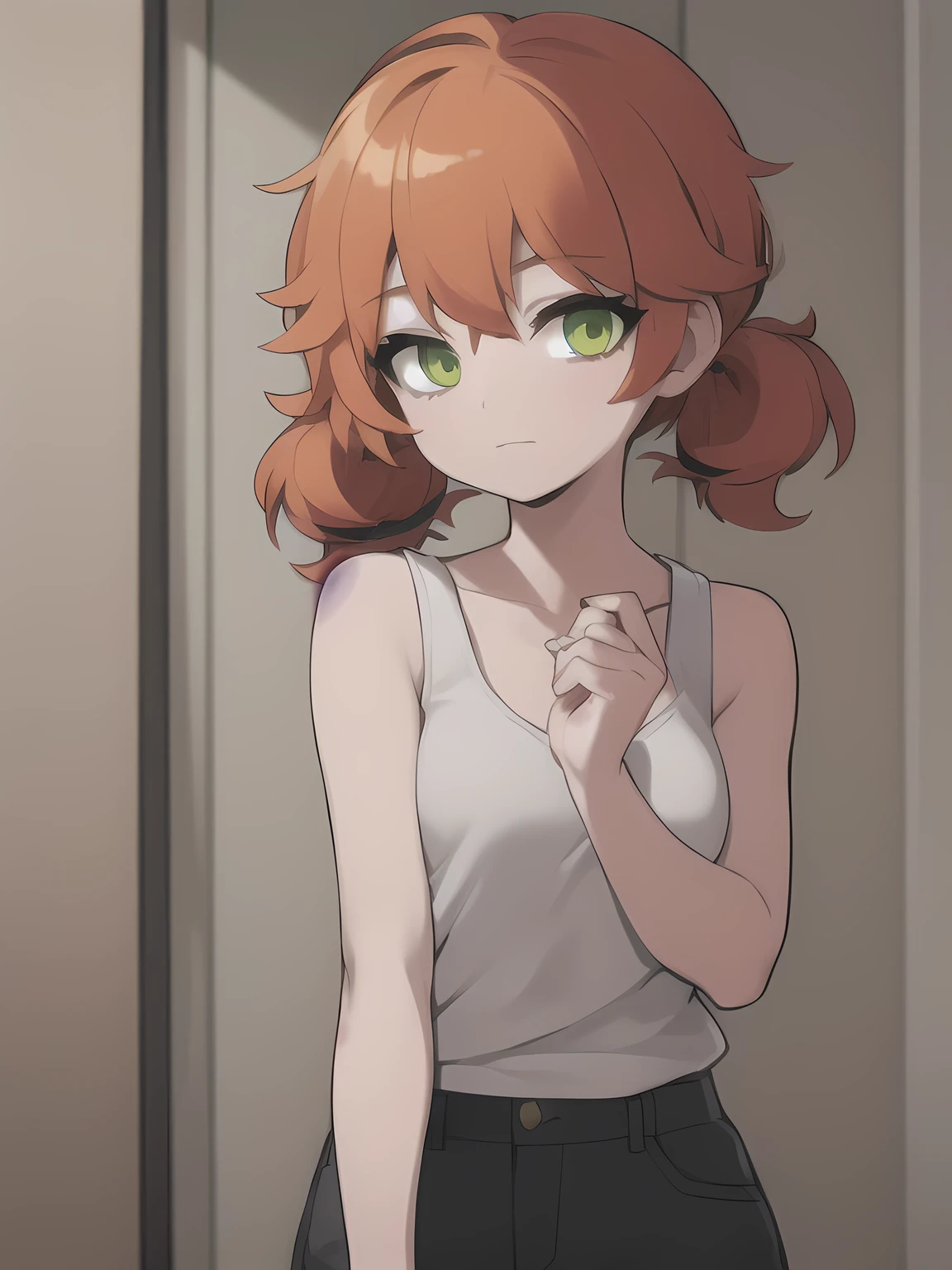 1girl,solo,upper body,looking at viewer,facing viewer,short low twintails,orange curly hair,(((green eyes))),white tanktop