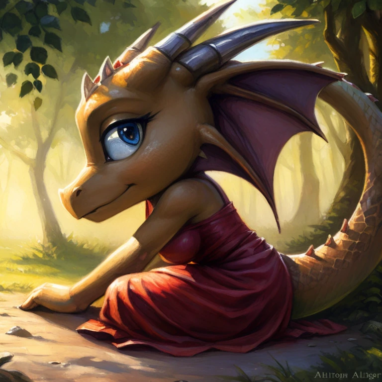 uploaded on e621, (by Kenket:0.4),(by Arthur Lismer:0.6), (by pixelsketcher:0.8), BREAK, anthro female (dragon:1.3) wearing a long red dress perfect breasts, sitting in a garden, background in the style of studio ghibli, happy, cinematic lighting, scalie, (detailed big blue eyes:1.2),(detailed skin, detailed scale texture:1.2), first person view, BREAK, (cute, round face, chibi:1.2), ivory horns, from side, professional photoshoot, detailed background, undressing, partially clothed, sexy, (realistic image:1.2), (photograph:1.3),photorealistic, hyperrealistic, sharp focus, perfect lighting, studio lighting, pink, kneeling, (half-closed eyes, alluring face:1.2),