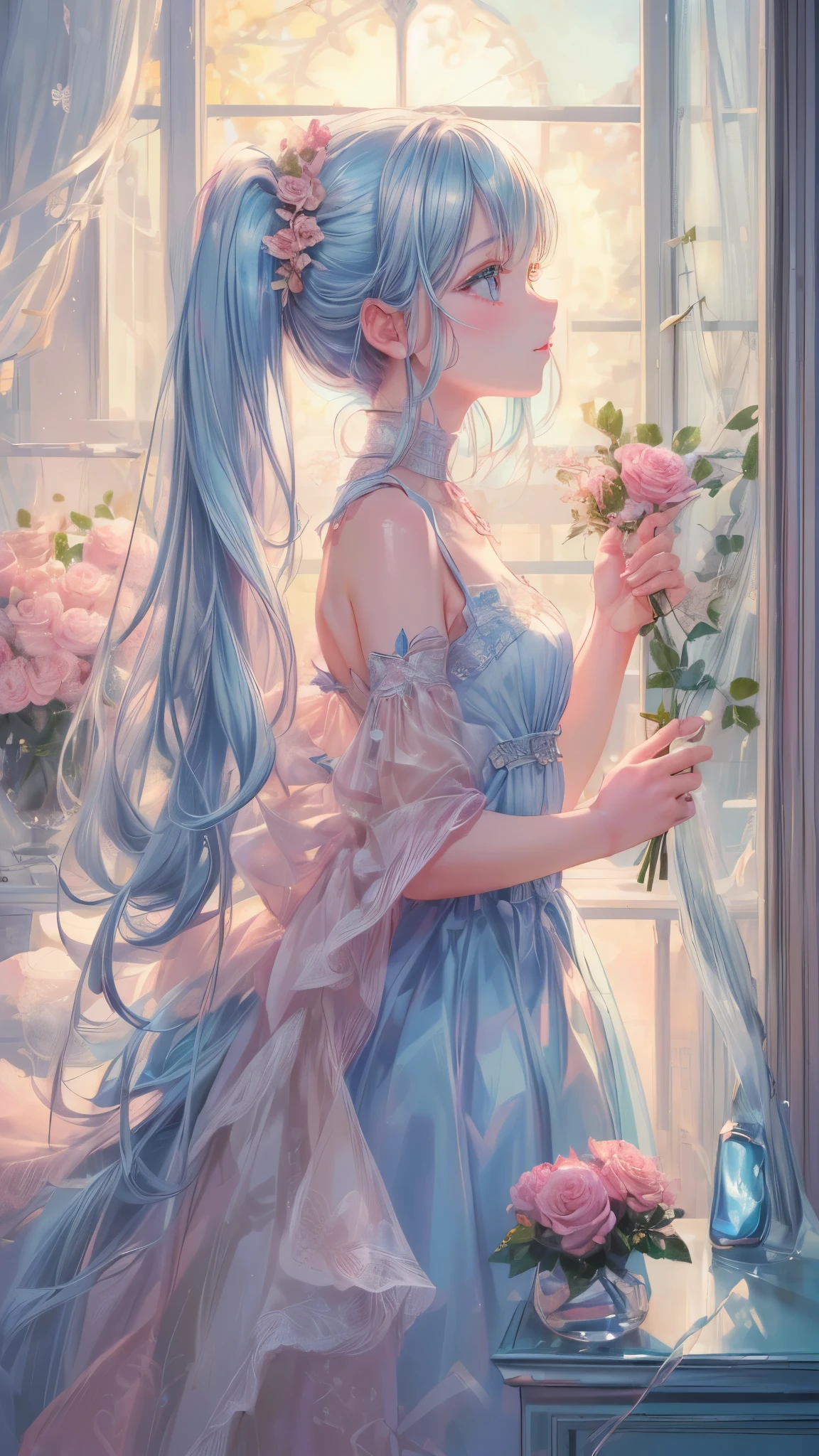 masterpiece, best quality, extremely detailed, (illustration, official art:1.1), 1 girl ,(((( light blue long hair)))), light blue hair, ,10 years old, long hair ((blush)) , cute face, big eyes, masterpiece, best quality,(((((a very delicate and beautiful girl))))),Amazing,beautiful detailed eyes,blunt bangs((((little delicate girl)))),tareme(true beautiful:1.2),((​masterpiece,hight resolution,8K picture quality,top-quality)),1girl in,((extra detailed face)),,Sateen,Delicate eyes, rose hair ornament,Dramatic makeup,profile,Large piercings,Smile gently,((smooth lips,pink lipsticks,Attractive lip)),Natural complexion,Mock sleeveless white knit,a necklace,sun light,double tooth,((White window sill,pink roses bloom outside the window,Colorful perfume bottles lined up on a shelf)),