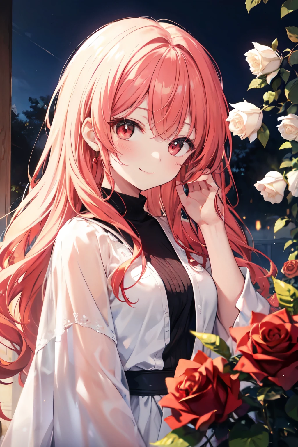 Wavy red hair、red eyes、Beautiful girl alone、robe blanche、A smile、rose garden