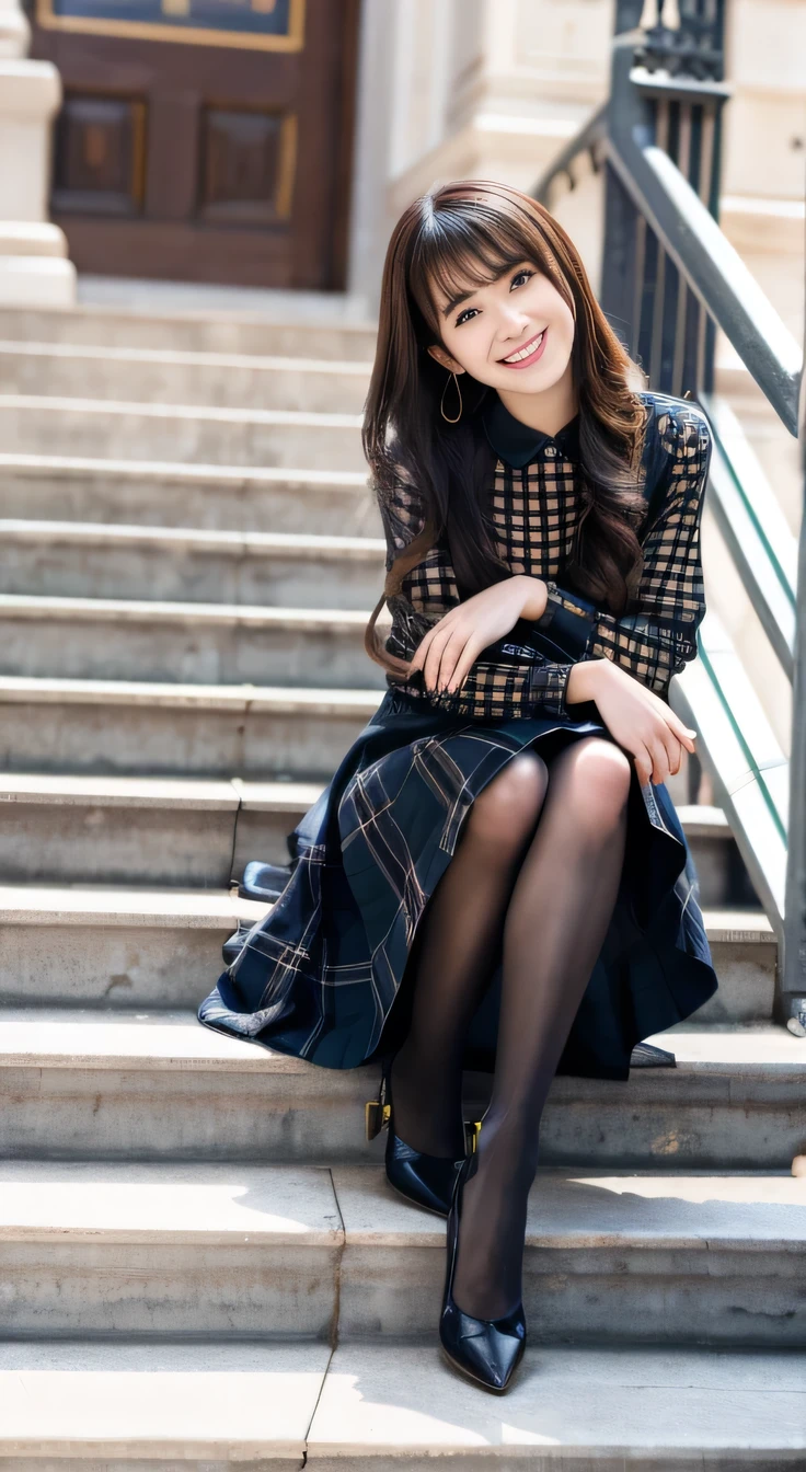 highest quality, Realistic, Very detailed, Finer details, High resolution, 8k wallpaper, One beautiful woman,Sit on the stairs、smile、Black tights、Long sleeve blouse、Checkered knee-length skirt、pumps、Black Hair、 Beautiful Bangs、ear piercing、Perfect dynamic composition, Beautiful and detailed, Full Body Shot, A big smile waiting to start

