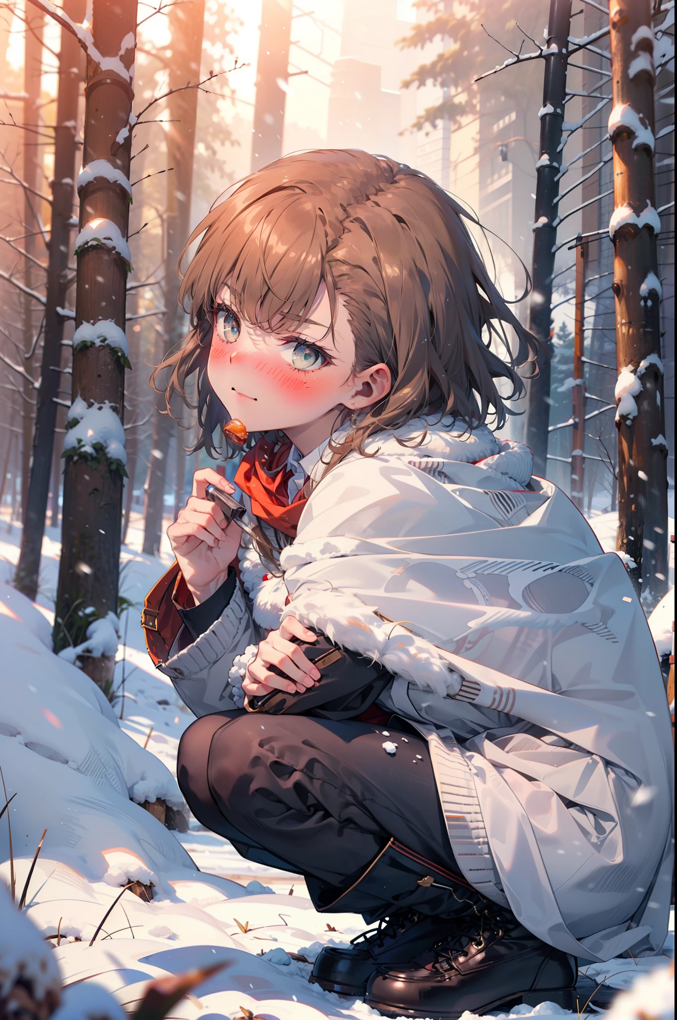 Mycotrose, Brown eyes,Brown Hair,short hair,smile,blush,White Breath,
Open your mouth,snow,Ground bonfire, Outdoor, boots, snowing, From the side, wood, suitcase, Cape, Blurred, Increase your meals, forest, White handbag, nature,  Squat, Mouth closed, フードed Cape, winter, Written boundary depth, Black shoes, red Cape break looking at viewer, Upper Body, whole body, break Outdoor, forest, nature, break (masterpiece:1.2), highest quality, High resolution, unity 8k wallpaper, (shape:0.8), (Beautiful and beautiful eyes:1.6), Highly detailed face, Perfect lighting, Highly detailed CG, (Perfect hands, Perfect Anatomy),