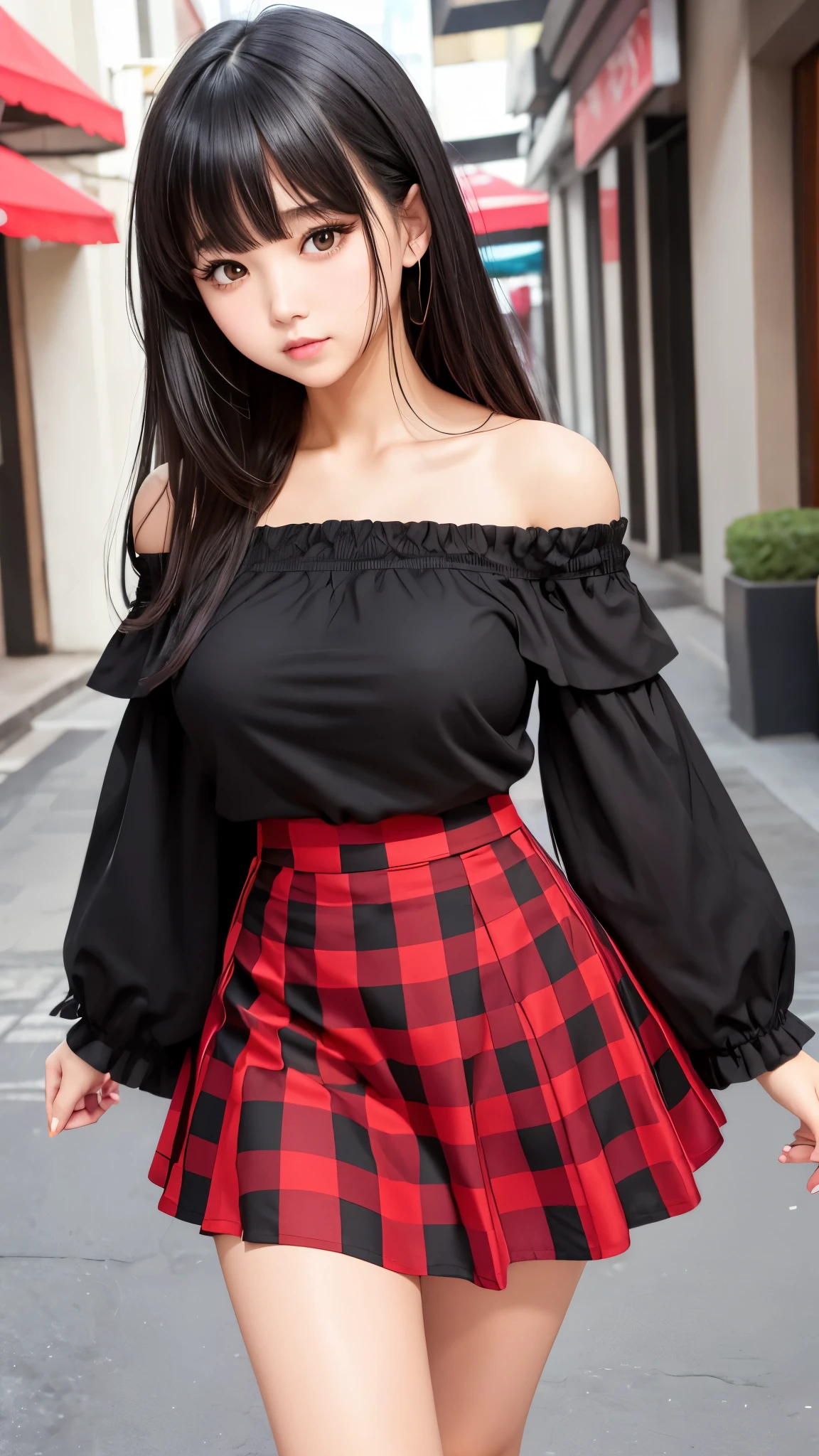 Detailed face、highlight、girl、thigh、breast enhancement、black髪、Heavy bangs、(Off the shoulder、)(Checked skirt、black、red、white、)