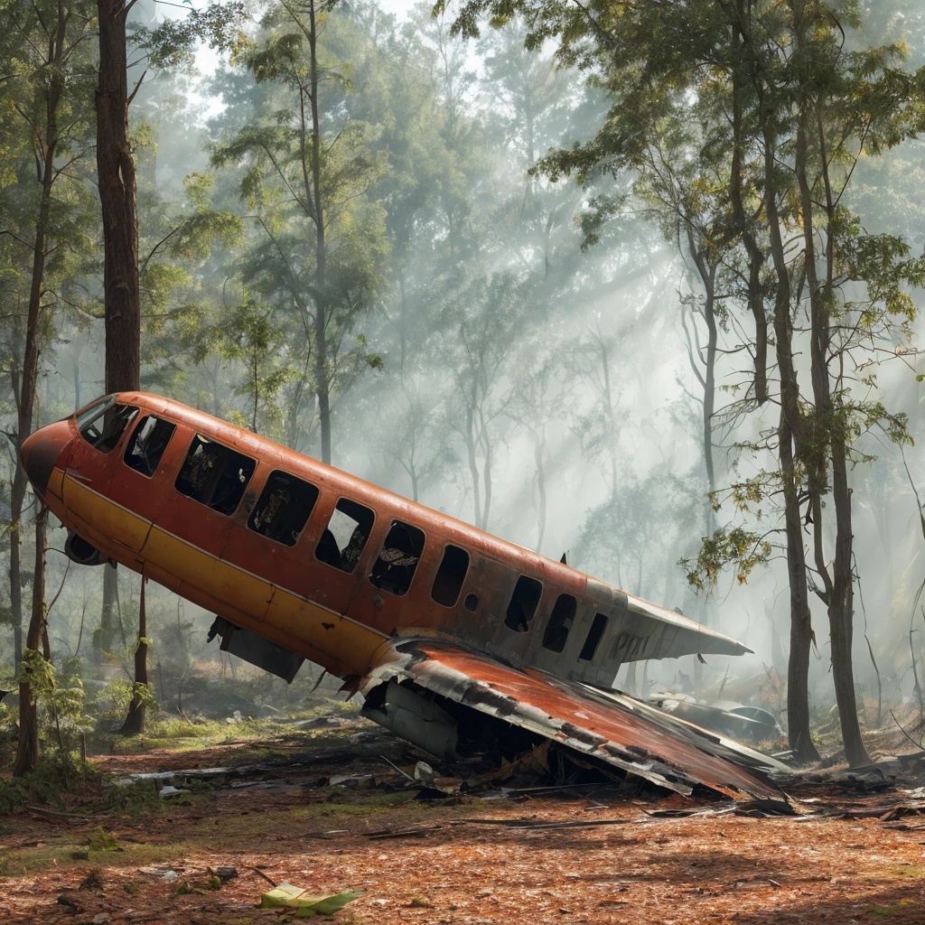 torn rusty commercial plane crashed to the forest with trees shading, debris everywhere sunlight passing through a thin layer of mist, best quality, ultra realistic, perfect, accurate details