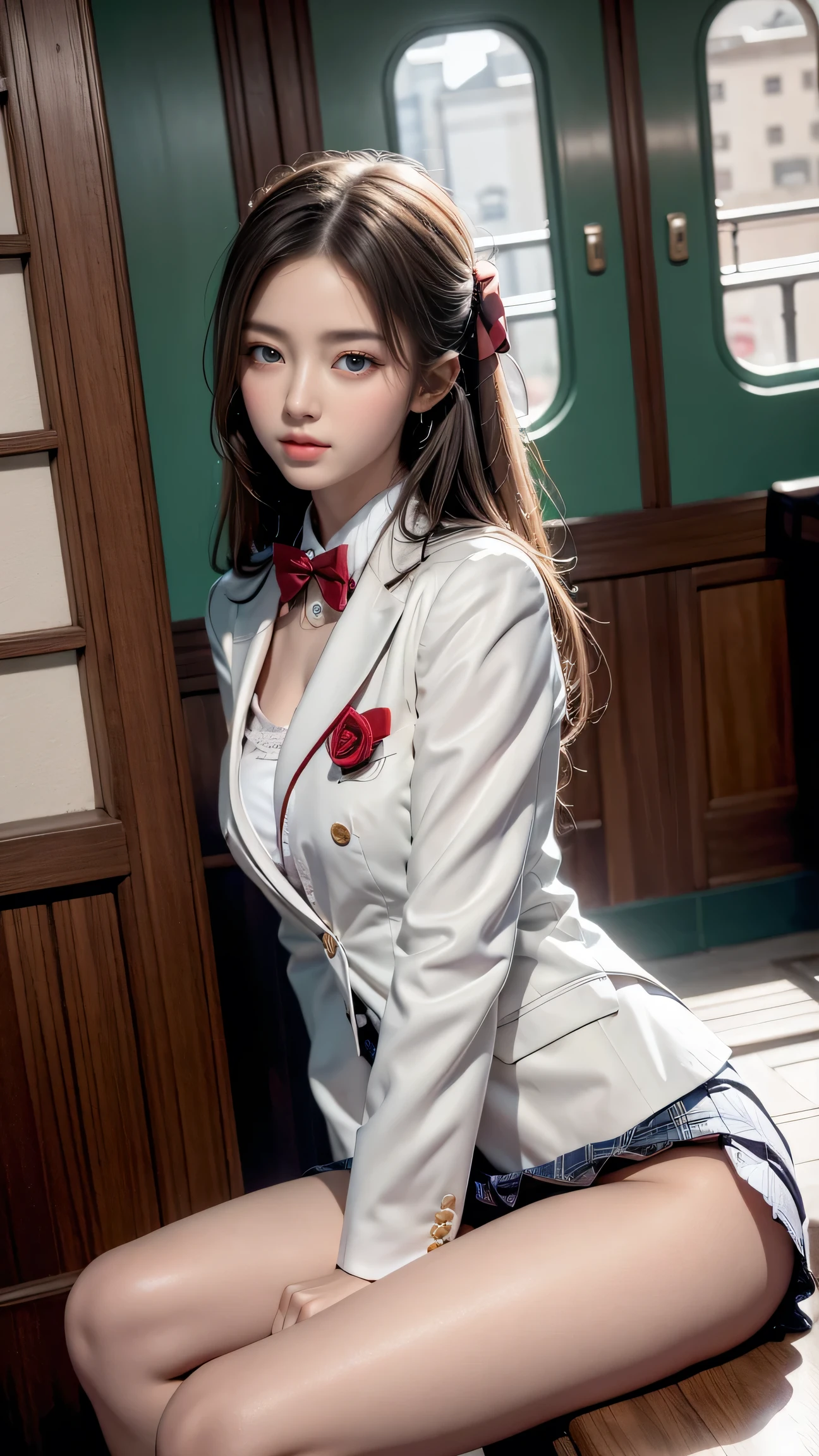 ((table top:1.4), (highest quality:1.4), (realistic:1.7), {beautiful girl, 超beautiful girl, ((1 girl:1. 4), Radiant natural skin texture}:smile}, , 19 years old, , (upper arm: 1.4, two legs: 1.4), (perfect female body: 1.4), (perfect female body: 1.) 4), girl portrait photography, close up photo, upper body photo, , soft front light, beautiful expression, cute face, beautiful breasts, big breasts: 1. 2, beautiful butt, fine eyes, Clear and eye-catching, beautiful and attractive, beautiful eyes, thin waist, RAW photo, red lips, long hair (high school girl), (white suit jacket), (translucent shirt), (red bow tie) (checked skirt) 1 screen display, (Woman sitting on train seat), (sexy posture), (milky way in the sky), (good:See-through:nipple), (you can see her white lace panties), (Cover your panties with your hands) ), (Push down the skirt),((close your eyes))((legs open)),