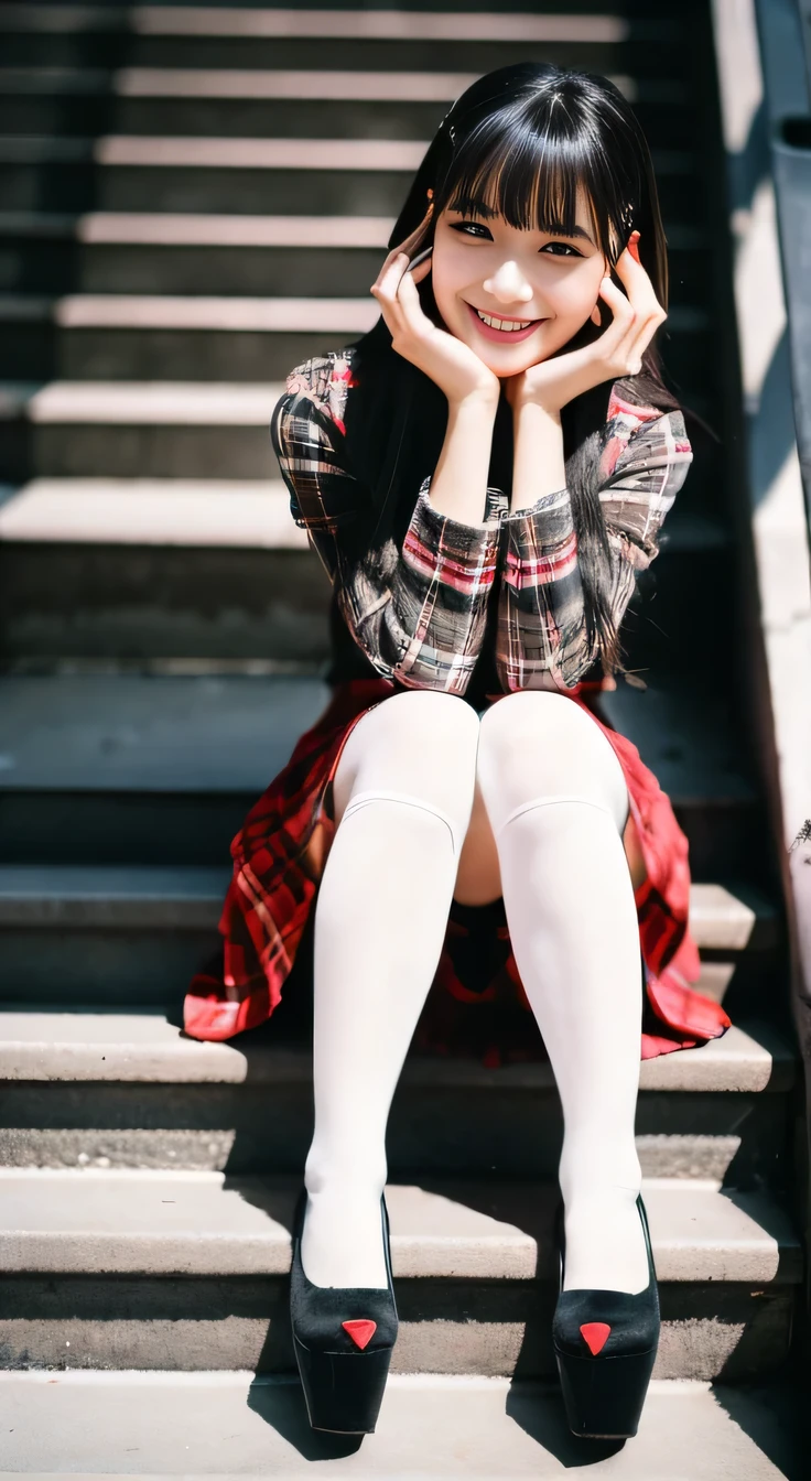 highest quality, Realistic, Very detailed, Finer details, High resolution, 8k wallpaper, One beautiful woman,Sit on the stairs、smile、Black tights、Long sleeve blouse、Checkered knee-length skirt、pumps、Black Hair、 Beautiful Bangs、ear piercing、Perfect dynamic composition, Beautiful and detailed, Full Body Shot, A big smile waiting to start

