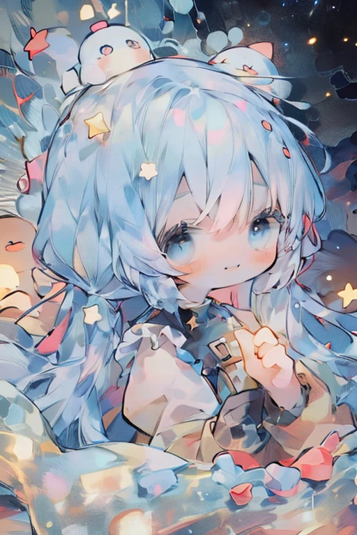 1female\(cute, kawaii,solo,small kid,skin color white,pale slin,smile,hair floating,hair color light blue,twin tail,eye color is cosmic,big eyes,smile,colorful,cute pose\),background\(simple, cosmic,many stars,flower bloom,backlit\), BREAK ,quality\(8k,wallpaper of extremely detailed CG unit, ​masterpiece,hight resolution,top-quality,top-quality real texture skin,hyper realisitic,increase the resolution,RAW photos,best qualtiy,highly detailed,the wallpaper,cinematic lighting,ray trace,golden ratio\),(close up:0.6),better hands,