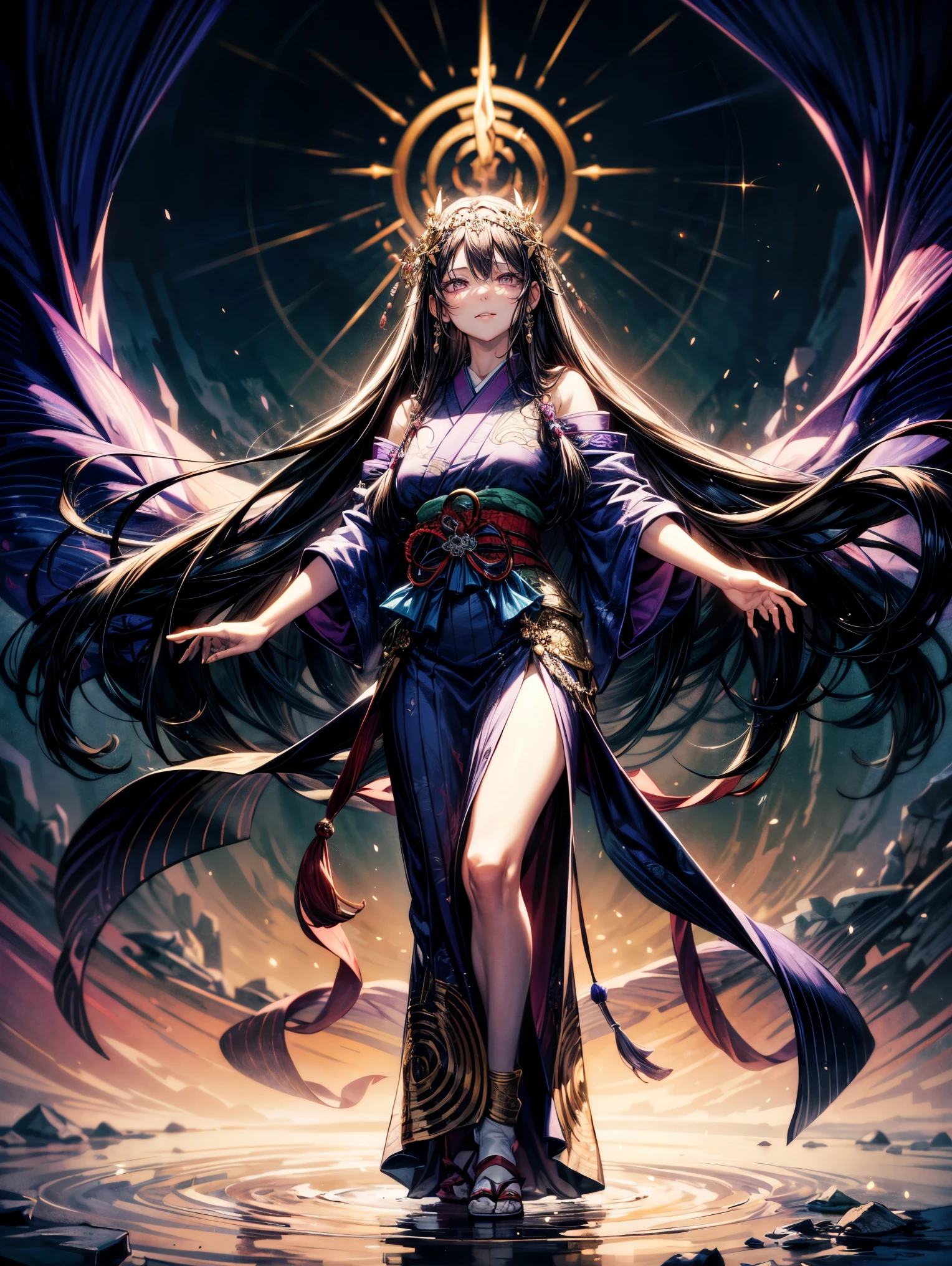 masterpiece,highest quality,Ultra high definition,Izanami,Mythical atmosphere, Long flowing black hair, ((purple eyes)), Traditional divine robe, Mysterious aura, Wisteria ornamentation, Sea of clouds in background, Ancient Japanese god-like appearance, Graceful standing posture, Silent expression, Accessories with sacred power, Mythological background,purple eyes,smile
