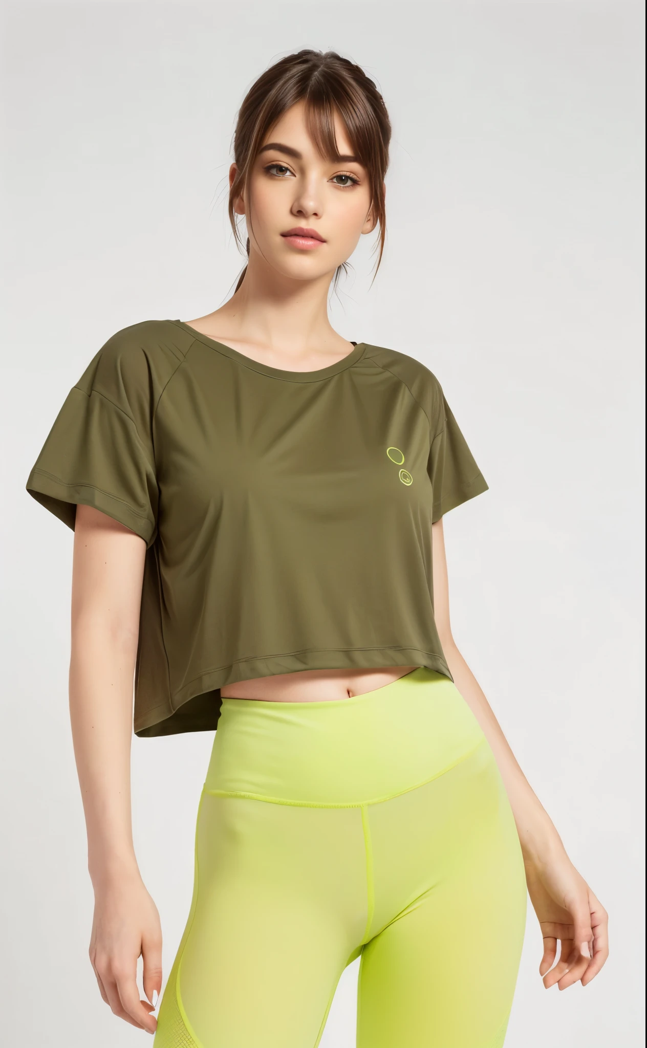 uma mulher com um top curto e legging verde posa para uma foto, com camiseta rasgada, Oliva green, corte superior, topo de colheita, Oliva, manga larga cropped, Hera, vestindo um top cortados, wearing corte superior, usando um top cropped sexy, roupas verdes, physicist : a menor barriga de todos os tempos, Manga curta, vestindo um top cortado