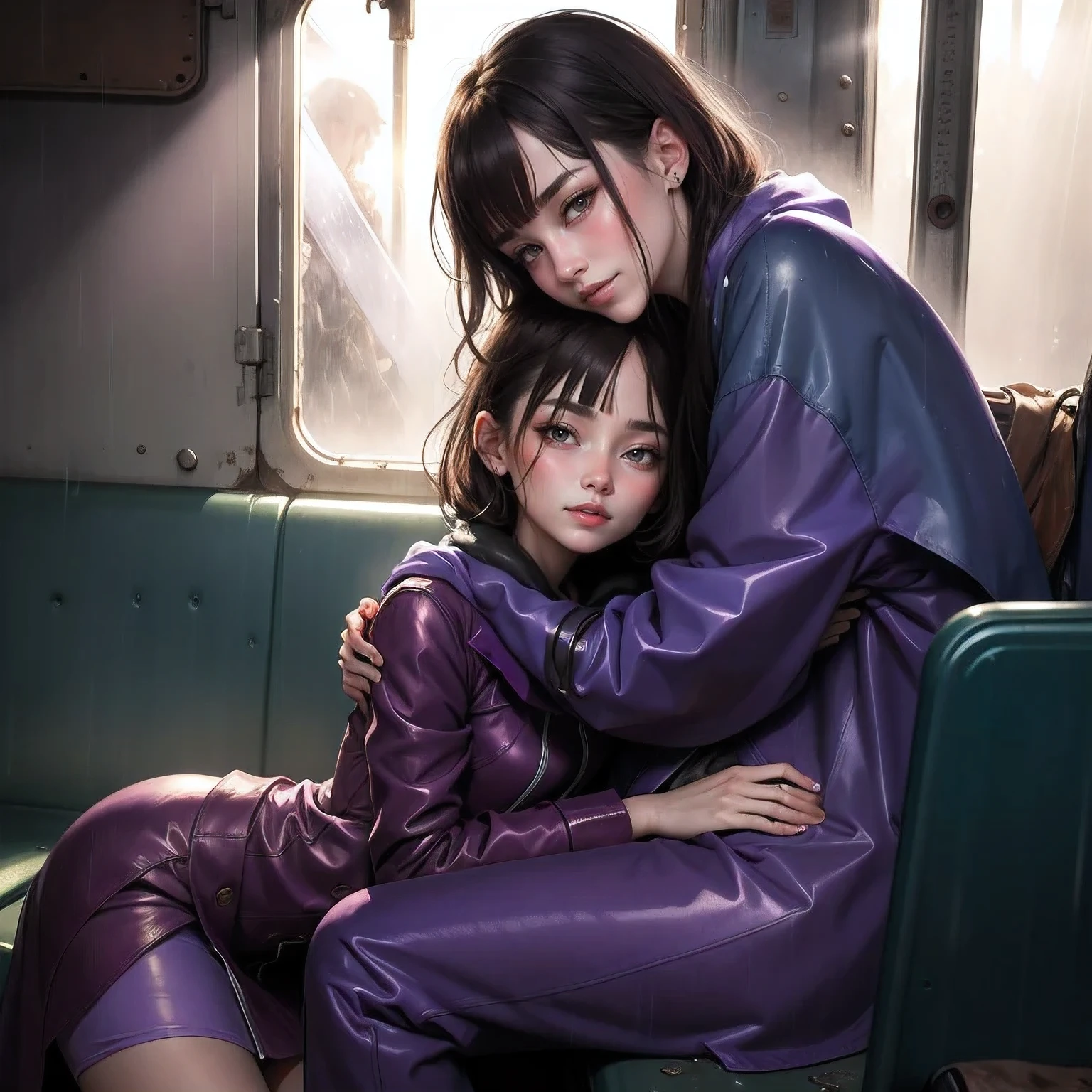 masterpiece, best quality, 2girls, (closeup), 18yo , slim, open purple raincoat, sitting, in abandoned train, hugging, lode, smile, heavy rain, downpour, flood, wasteland, grey, desolate, rain, sunny, (sun rays:1.3), watercolor,