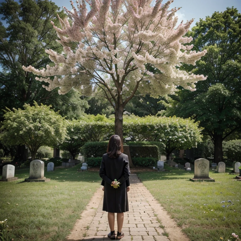one big tree , so much flowers, only one grave , one dog ,one mature girl standing holding flower, back side view