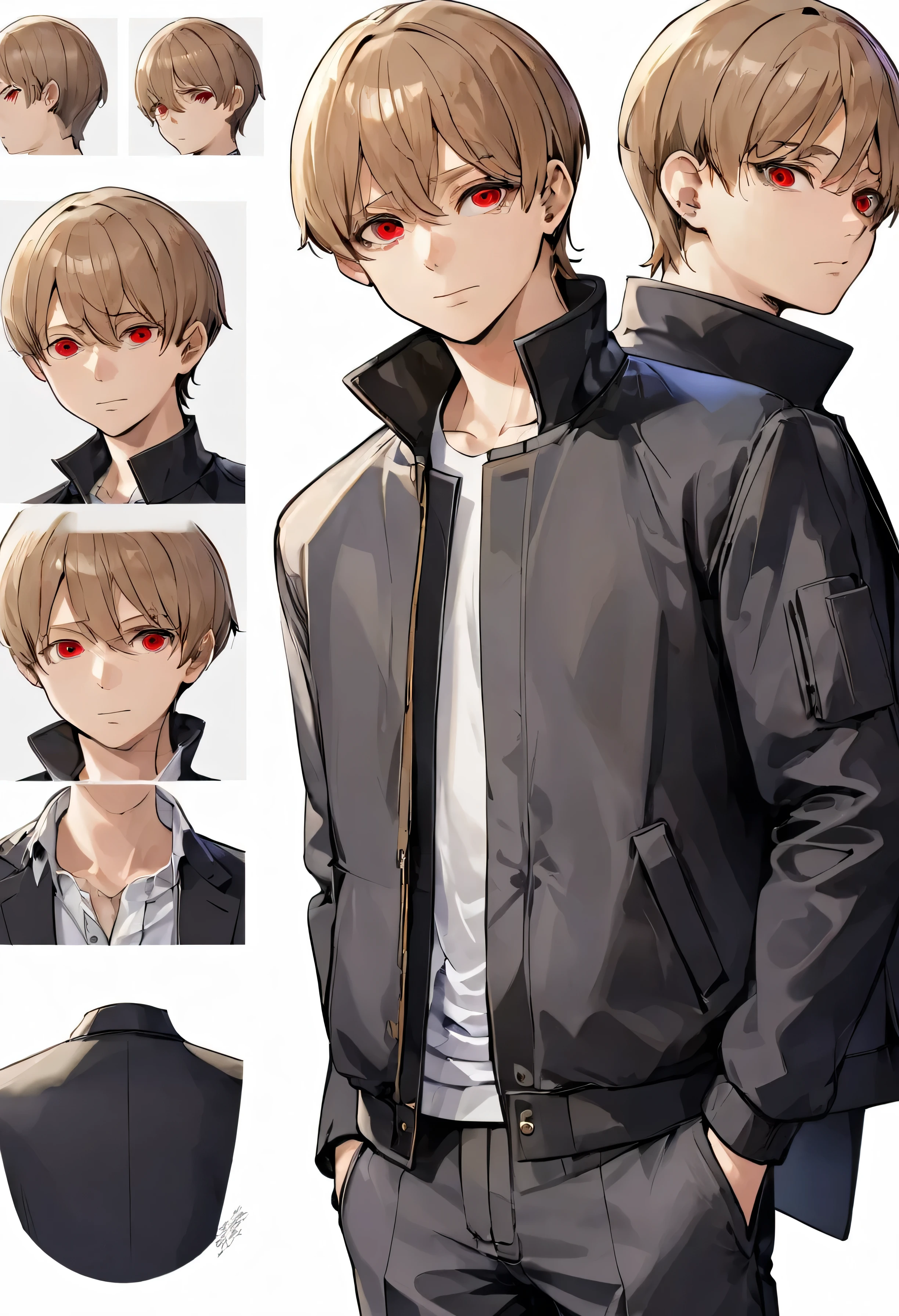 white background, character sheet, front view, 1man, light brown hair, red eyes, wearing black jacket, black pants, brown shoes, male protagonist, absurdres, high res, ultrasharp, 8K, masterpiece, looking at viewer