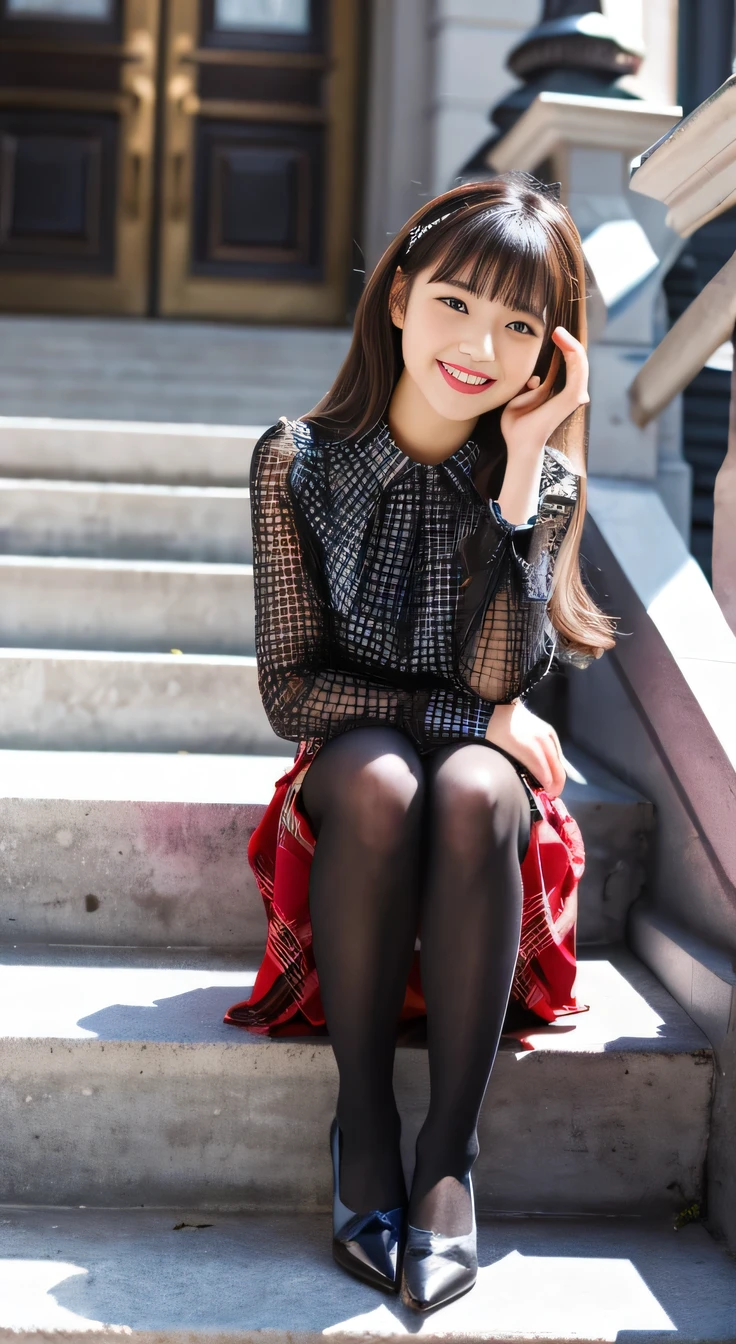 highest quality, Realistic, Very detailed, Finer details, High resolution, 8k wallpaper, One beautiful woman,Sit on the stairs、smile、Black tights、Long sleeve blouse、Checkered knee-length skirt、pumps、Black Hair、 Beautiful Bangs、ear piercing、Perfect dynamic composition, Beautiful and detailed, Full Body Shot, A big smile waiting to start
