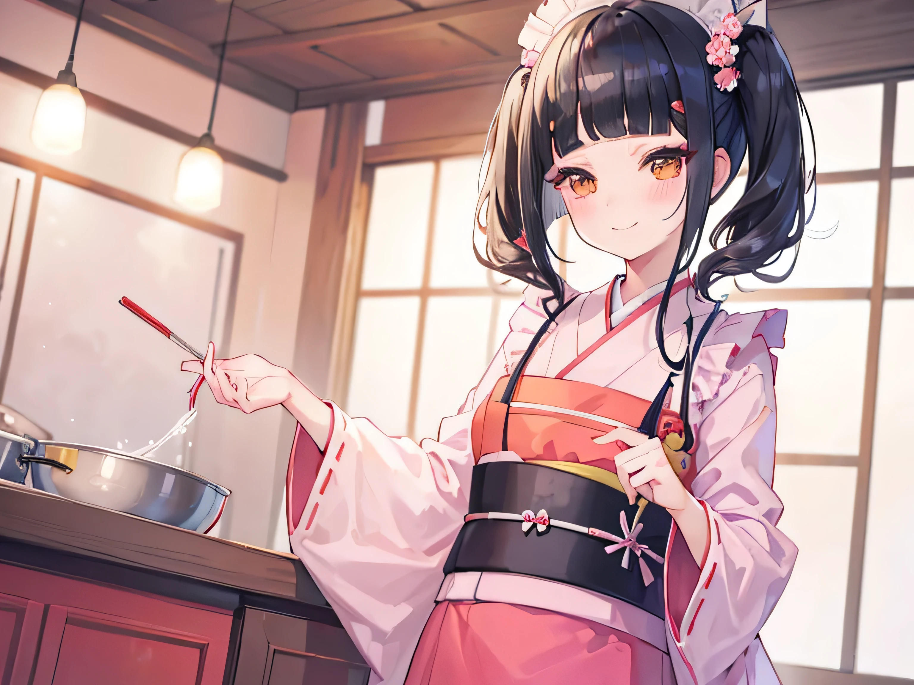 smile,beautiful,1 girl,(Kimono Maid uniform),wearing apron,Medium Hair,wavy hair,((blunt bangs:1.5)),nyannyan