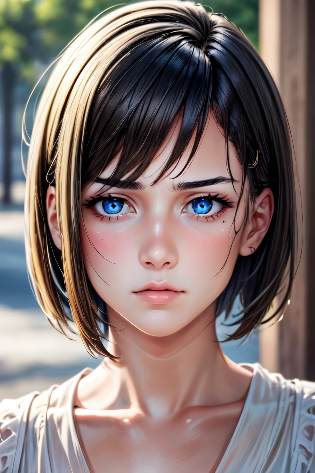 (Browsing Caution:-1), (masterpiece:1.3), (8k, Realistic, RAW Photos, highest quality: 1.4), (One girl), Beautiful Face, (Realistic Face), Beautiful hairstyle, (short hair :1.5), Realistic eyes, Beautiful fine details, (Realistic Skin), Beautiful Skin, (blouse), Absurd, Charm, Ultra-high resolution, Ultra-realistic, Very detailed, Golden Ratio, Sad expression,