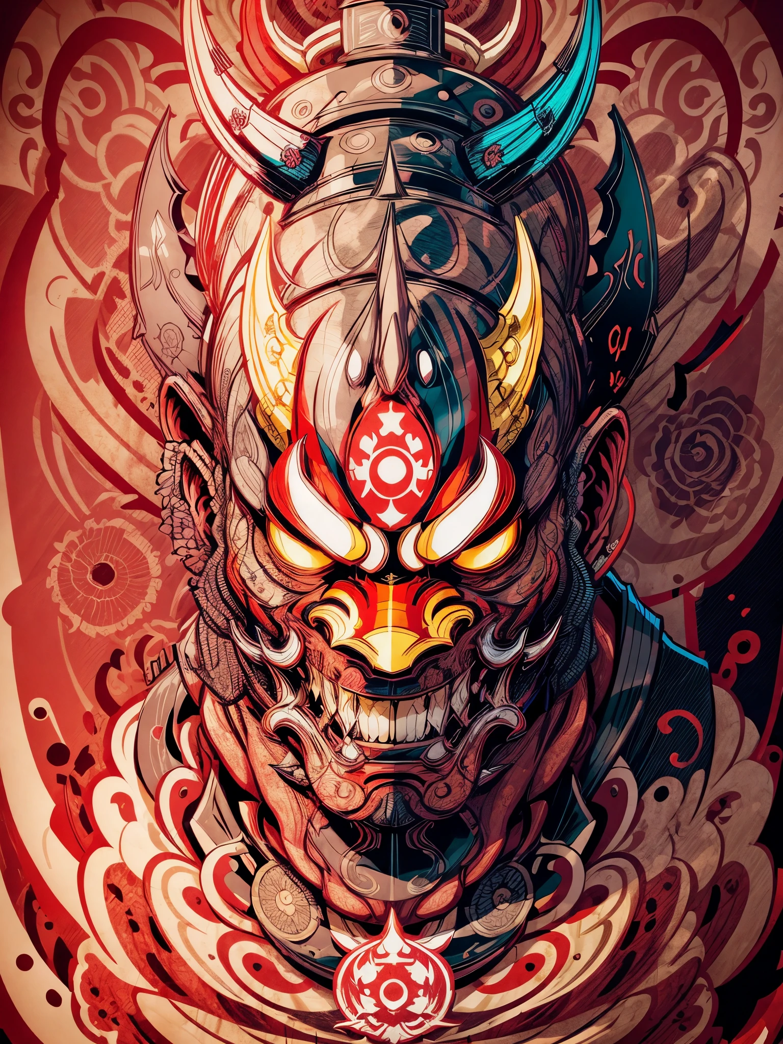 Hannya mask style 0mib， Illustrator， master-piece， high quailty， 8k， high resolutions， highdetailed， gentleman