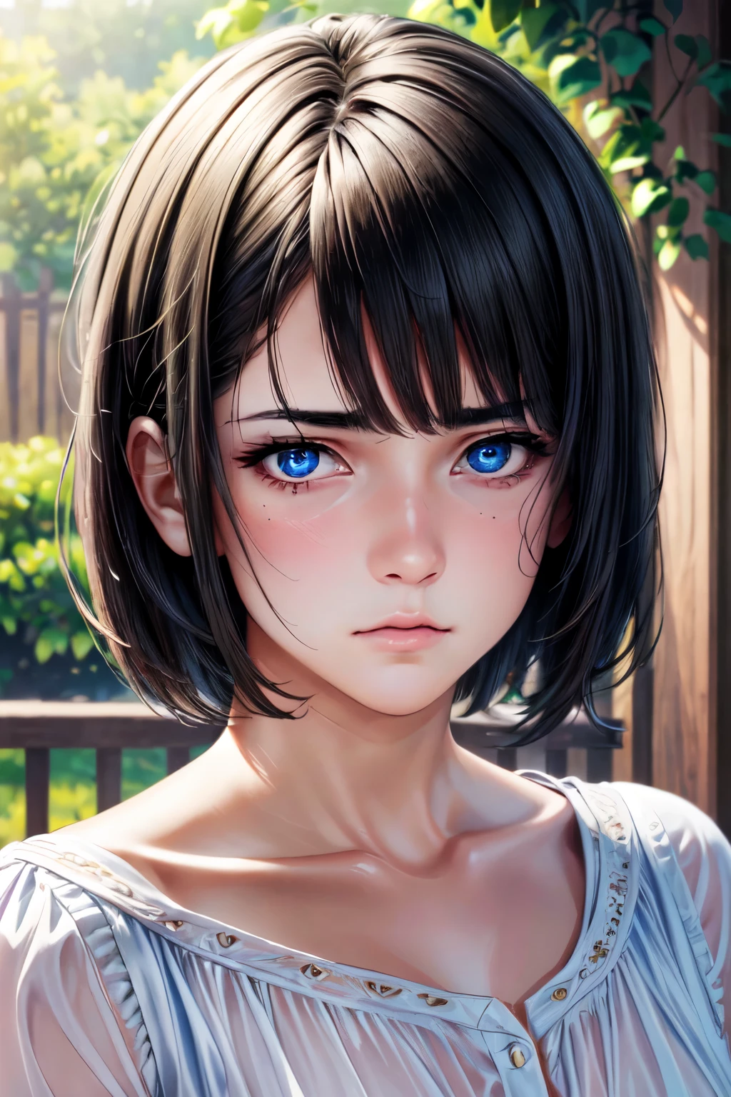 (Browsing Caution:-1), (masterpiece:1.3), (8k, Realistic, RAW Photos, highest quality: 1.4), (One girl), Beautiful Face, (Realistic Face), Beautiful hairstyle, (short hair :1.5), Realistic eyes, Beautiful fine details, (Realistic Skin), Beautiful Skin, (blouse), Absurd, Charm, Ultra-high resolution, Ultra-realistic, Very detailed, Golden Ratio, Sad expression,