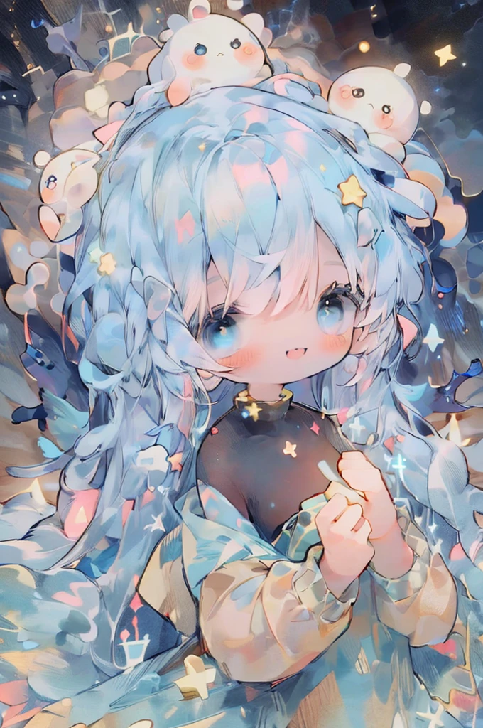 1female\(cute, kawaii,solo,,skin color white,pale slin,smile,hair floating,hair color light blue,twin tail,eye color is cosmic,big eyes,smile,colorful,cute pose\),background\(simple, cosmic,many stars,flower bloom,backlit\), BREAK ,quality\(8k,wallpaper of extremely detailed CG unit, ​masterpiece,hight resolution,top-quality,top-quality real texture skin,hyper realisitic,increase the resolution,RAW photos,best qualtiy,highly detailed,the wallpaper,cinematic lighting,ray trace,golden ratio\),(close up:0.6),better hands,