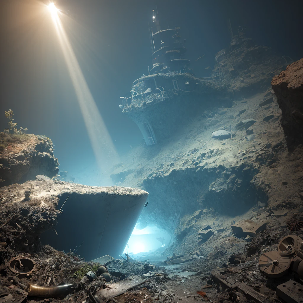 sunken imploded submarine under the ocean debris everywhere in total darkness, only source of light is a spot light, best quality, ultra realistic, accurate details
