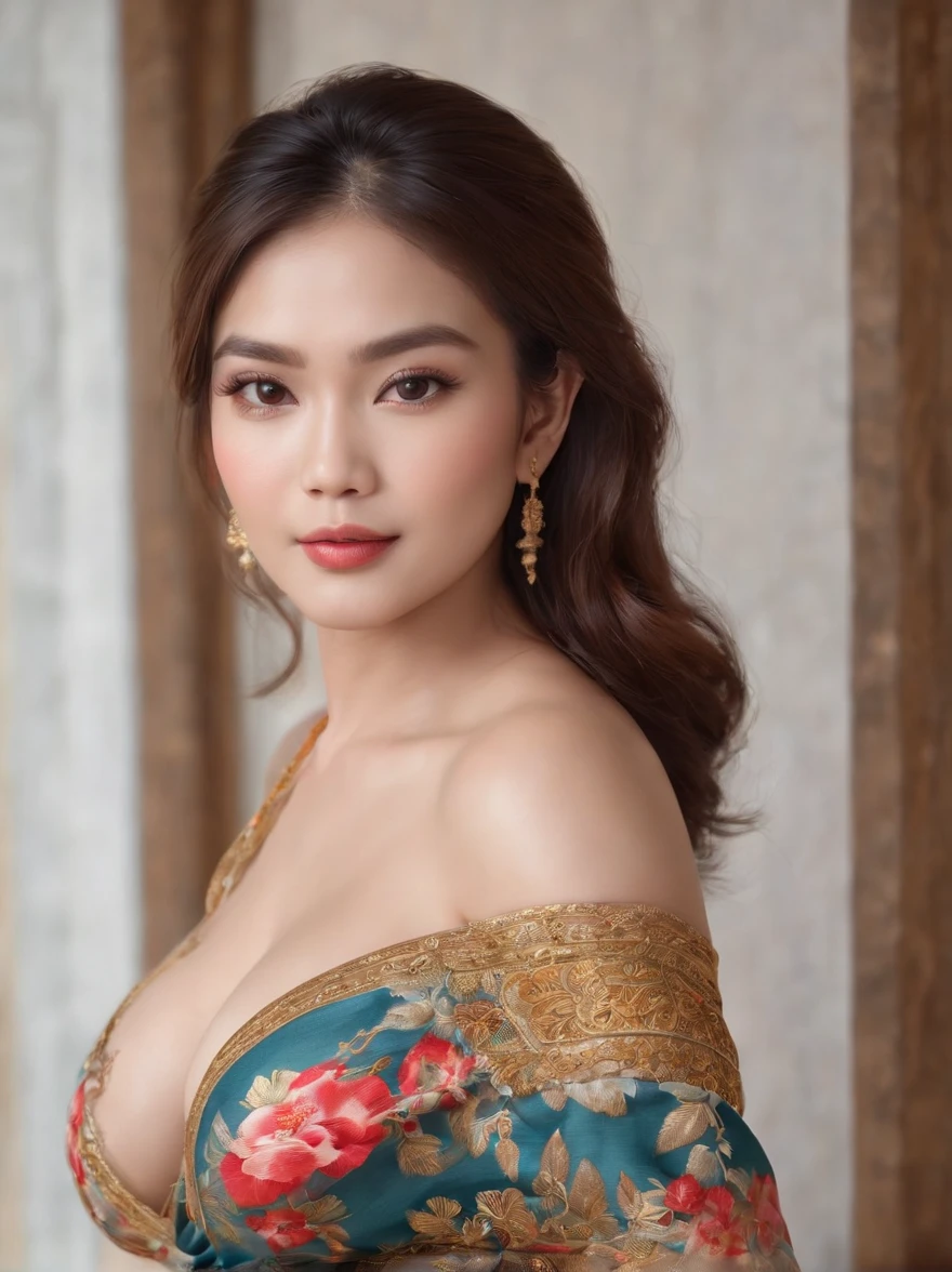 ((thai woman with large breasts in a colorful dress , curve, voluptuous, rift, thick, chubby, traditional beauty, sexy beautiful woman, With a new beauty, erotic, beautiful goddess, Beautiful digital artwork, jaw-dropping beauty, beautiful model, 8k)), Beautiful Thai Women, Wear traditional Balinese clothing, Beautiful Fantasy Empress, amazing woman, Beautiful Thai girl, masterpiece, (best quality:1.2), (8k,height,raw photos,realistic,photo-realistic:1.3),(fine texture,Good fabric,Beautifully detailed face:1.25),professional lighting,Photon mapping,beautiful soft light,radiation,Physical rendering,Ray tracing, Modeling style, (Very detailed CG unity 8k wallpaper..), Full-length photos of the most beautiful works of art in the world, Thai Culture,sunlight,sun set