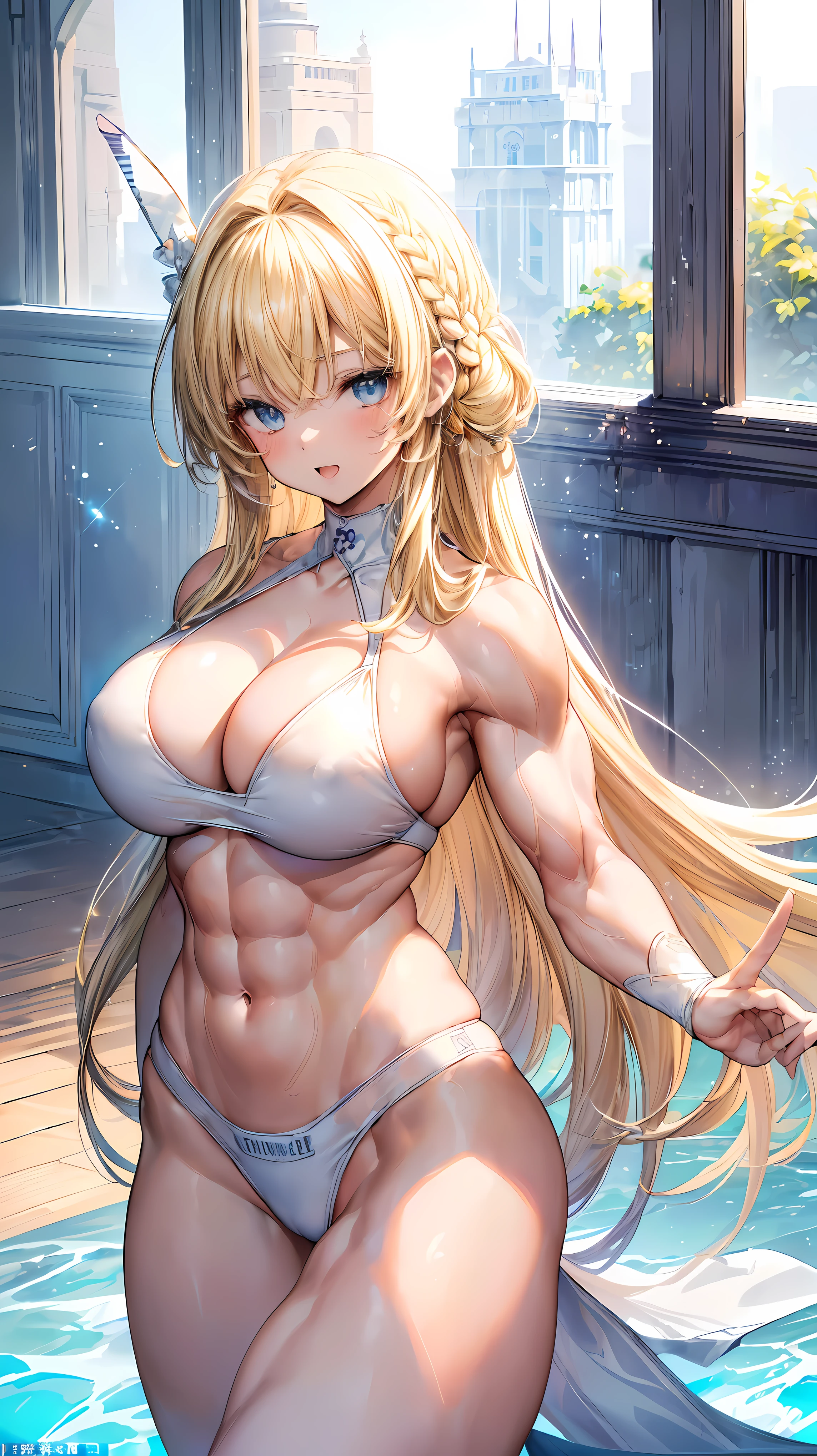 Very detailed、highest quality、Best image quality、masterpiece、8k、Anime Face、A kind smile、(Open your mouth:1.3)、Sparkling blue eyes、(Blonde semi-long hair:1.5)、(Muscles of the whole body:1.3)、(High leg:2.0)、Thigh belt、(White high cut bikini:1.5)、(Upper body photo:1.5)、(SFW Giant)、(Thick body:1.2)