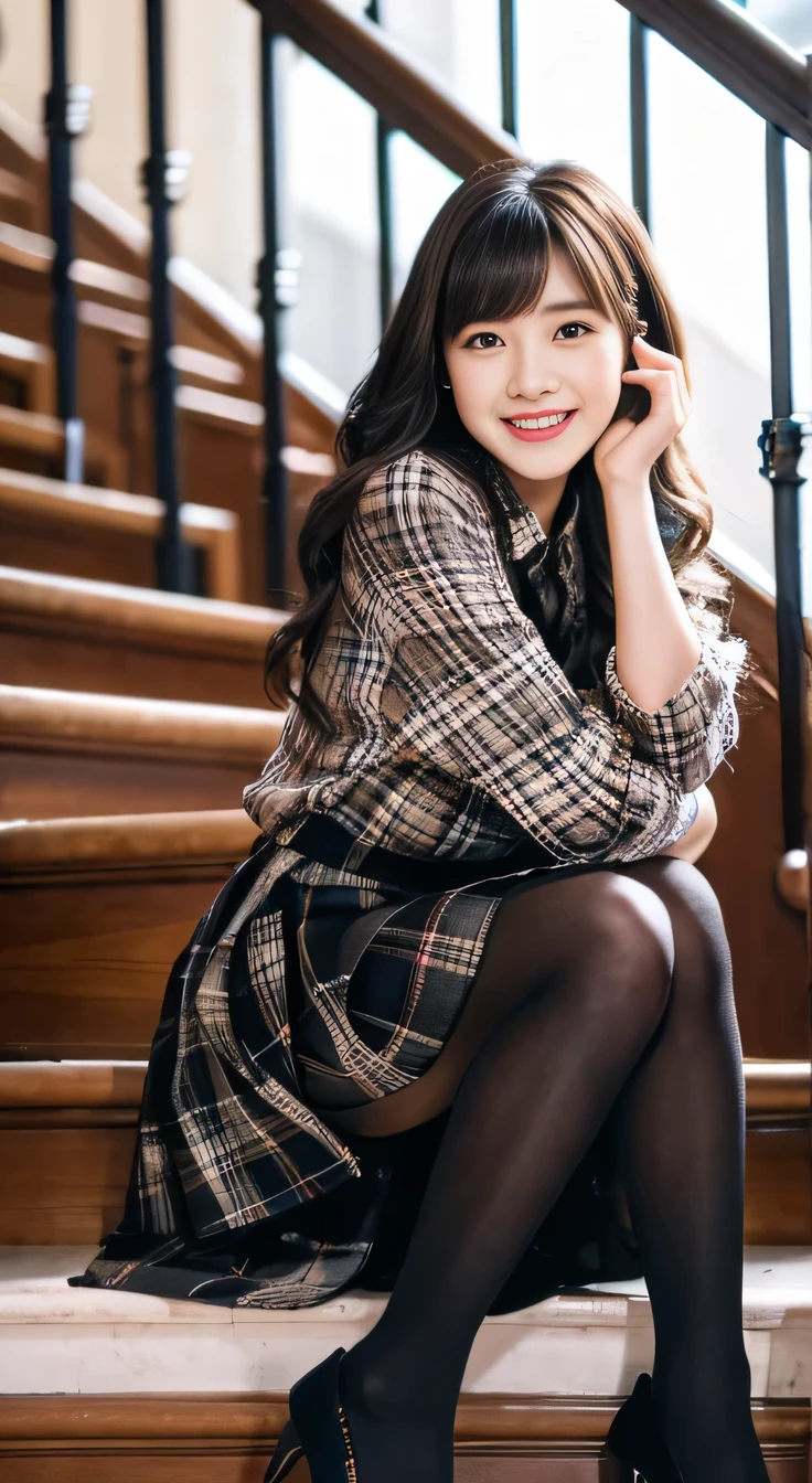 highest quality, Realistic, Very detailed, Finer details, High resolution, 8k wallpaper, One beautiful woman,Sit on the stairs、smile、Black tights、Long sleeve blouse、Checkered knee-length skirt、pumps、Black Hair、 Beautiful Bangs、ear piercing、Perfect dynamic composition, Beautiful and detailed, Full Body Shot, A big smile waiting to start