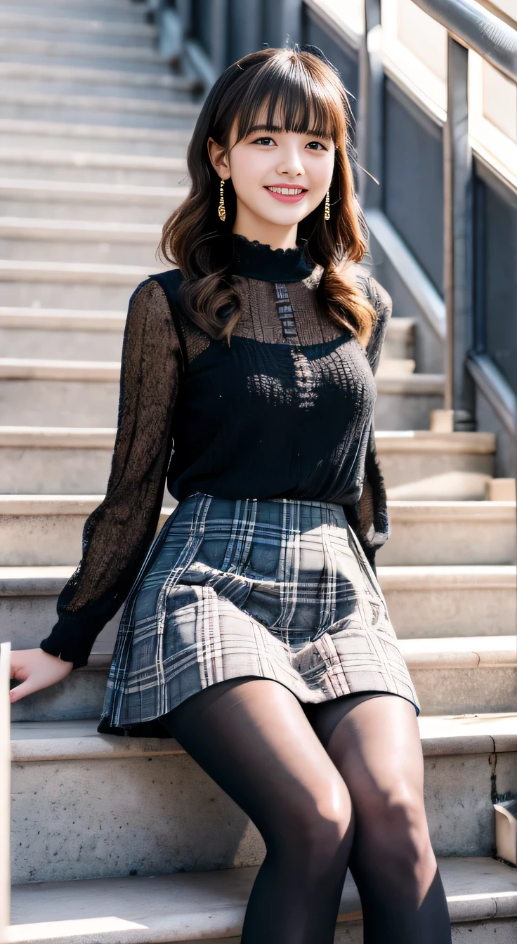 highest quality, Realistic, Very detailed, Finer details, High resolution, 8k wallpaper, One beautiful woman,Sit on the stairs、smile、Black tights、Long sleeve blouse、Checkered knee-length skirt、pumps、Black Hair、 Beautiful Bangs、ear piercing、Perfect dynamic composition, Beautiful and detailed, Full Body Shot, A big smile waiting to start