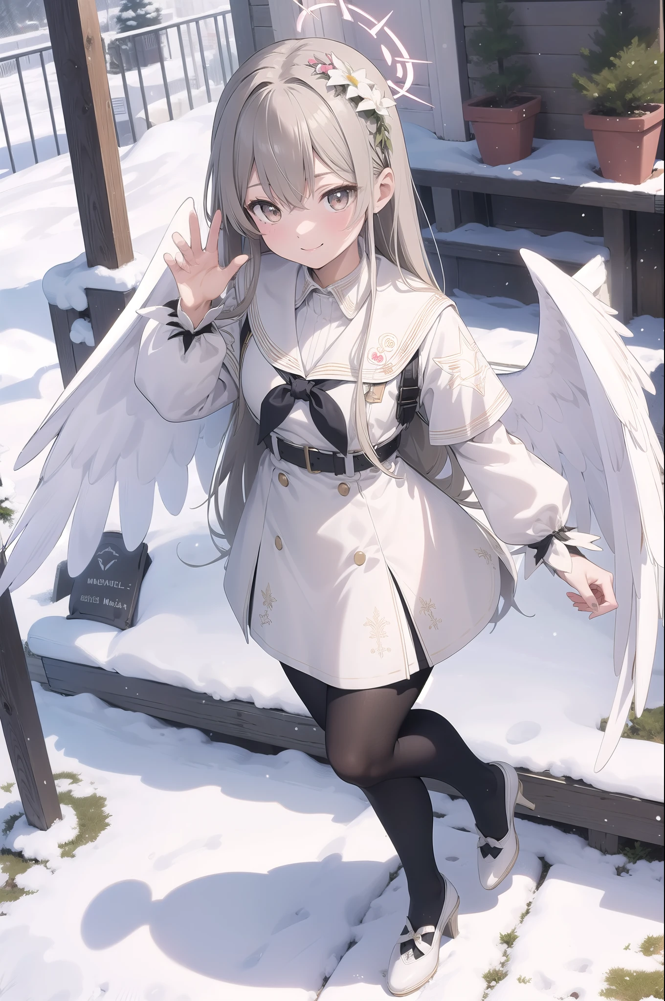 (masterpiece:1.3), (absurdres:1.3), (best quality:1.3), (ultra-detailed:1.3), snow, outdoors, full body, waving, smile, 1girl, nagisa-fi, halo, white wings, long sleeves, white dress, sailor collar, capelet, white skirt, black pantyhose, white high heels,Big angel wings、Big Wings、