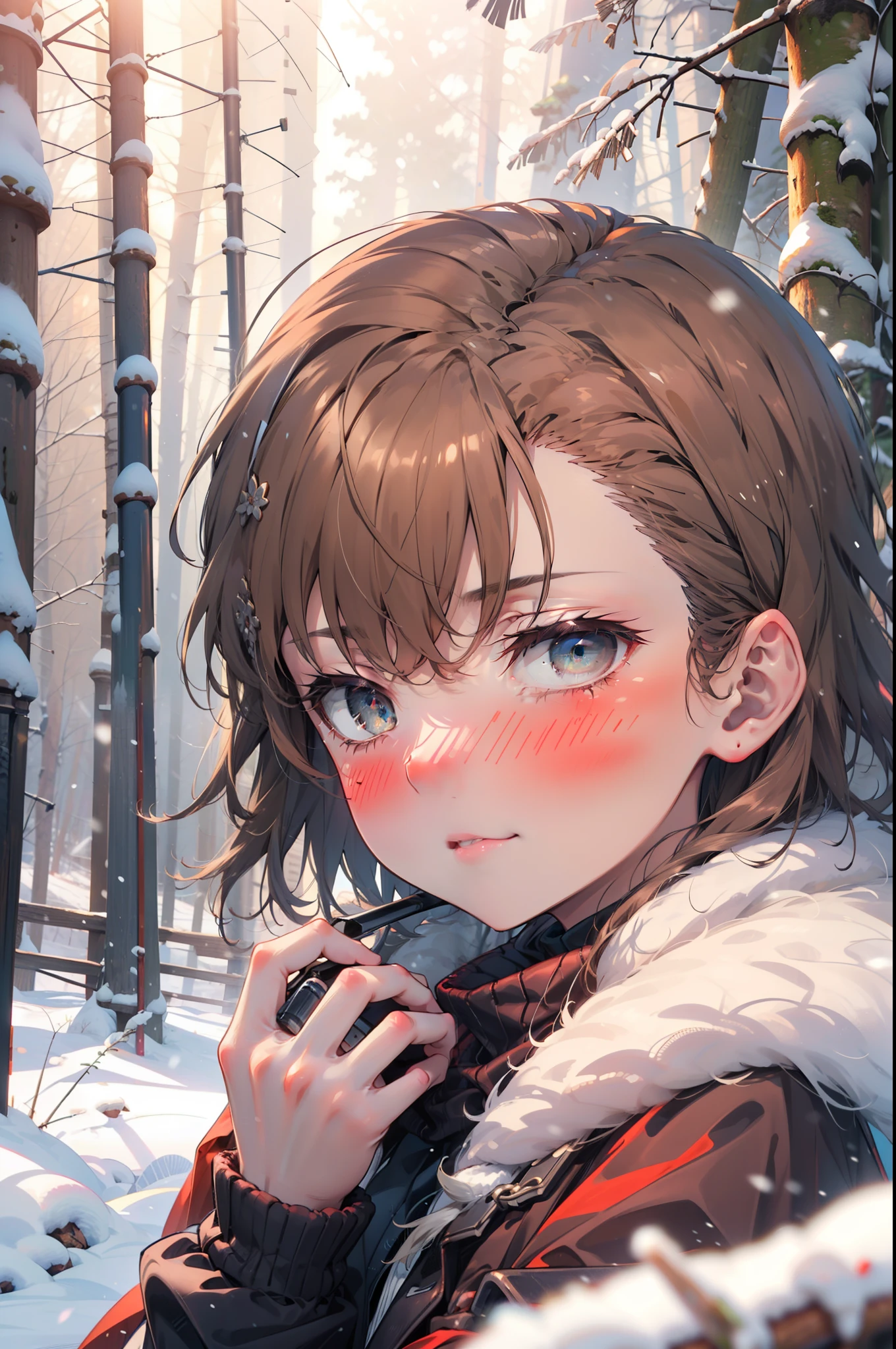 Mycotrose, Brown eyes,Brown Hair,short hair,smile,blush,White Breath,
Open your mouth,snow,Ground bonfire, Outdoor, boots, snowing, From the side, wood, suitcase, Cape, Blurred, Increase your meals, forest, White handbag, nature, Squat, Mouth closed, フードed Cape, winter, Written boundary depth, Black shoes, red Cape break looking at viewer, Upper Body, whole body, break Outdoor, forest, nature, break (masterpiece:1.2), highest quality, High resolution, unity 8k wallpaper, (shape:0.8), (Beautiful and beautiful eyes:1.6), Highly detailed face, Perfect lighting, Highly detailed CG, (Perfect hands, Perfect Anatomy),