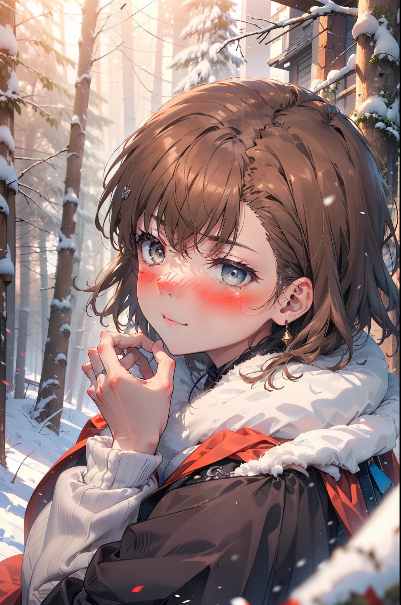 Mycotrose, Brown eyes,Brown Hair,short hair,smile,blush,White Breath,
Open your mouth,snow,Ground bonfire, Outdoor, boots, snowing, From the side, wood, suitcase, Cape, Blurred, Increase your meals, forest, White handbag, nature, Squat, Mouth closed, フードed Cape, winter, Written boundary depth, Black shoes, red Cape break looking at viewer, Upper Body, whole body, break Outdoor, forest, nature, break (masterpiece:1.2), highest quality, High resolution, unity 8k wallpaper, (shape:0.8), (Beautiful and beautiful eyes:1.6), Highly detailed face, Perfect lighting, Highly detailed CG, (Perfect hands, Perfect Anatomy),