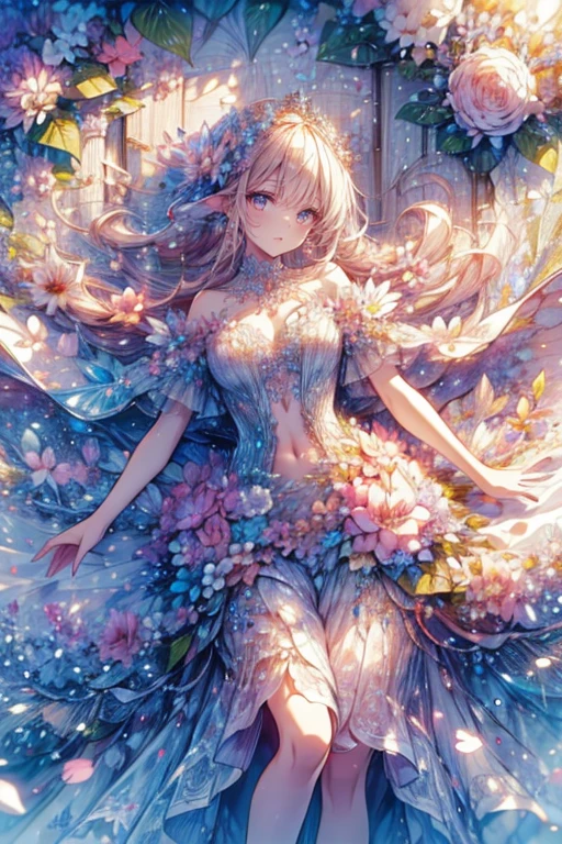 (highest quality, masterpiece, Super detailed, very detailed, exquisite, 16k,Full HD),A little closer,golden ratio,dramatic lighting,pastel colour,seems to be happy,fly in the sky,soft lighting, ((alone:1.5)),(blue sky,morning sky,Sunny),magical forest,flower,wood,Flower Field,Leaves and petals fluttering,From above,((head shot)),Flowers filling the screen,(fairy princess, purple eyes, long eyelashes,white skin,slim,pale pink plump lips,pale pink cheeks, The wind is blowing,blonde,thin and long,(thin and high nose,small nose),(From above her waist, a giant fairy wing),The magic of flower,flower tiara,diamond earrings,Diamond Choker,(White ball gown dress with flower petal motif, A dress decorated with flowers,lace and ruffles),(smile:1.2), (fantasy, romantic atmosphere),