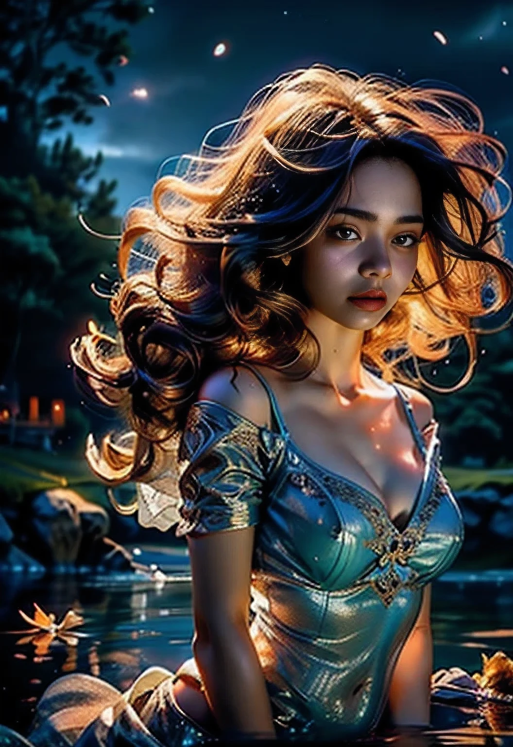 high quality fingers, normal hands, detailed fingers,masterpiece, (realistic, photo-realistic:1.37), (16 years old korean girl), in translucent blue saree, traslucent blue bra, a big flower on her hair, mountains, lake, trees, clouds, medium breast, small waist, dark black hair, beautiful face, perfect illumination, beautiful detailed hazel eyes,looking at viewer, stunningly beautiful woman, detailed hairstyle, fantasy detailed background, detailed fantasy background, (sweat:1), falling petals, open hair, wind, fireflies, bathing in the lake, boat, swan,gorgeous digital art, very beautiful digital art, close up fantasy with water magic, beautiful fantasy art, beautiful digital painting, beautiful digital illustration, gorgeous digital painting