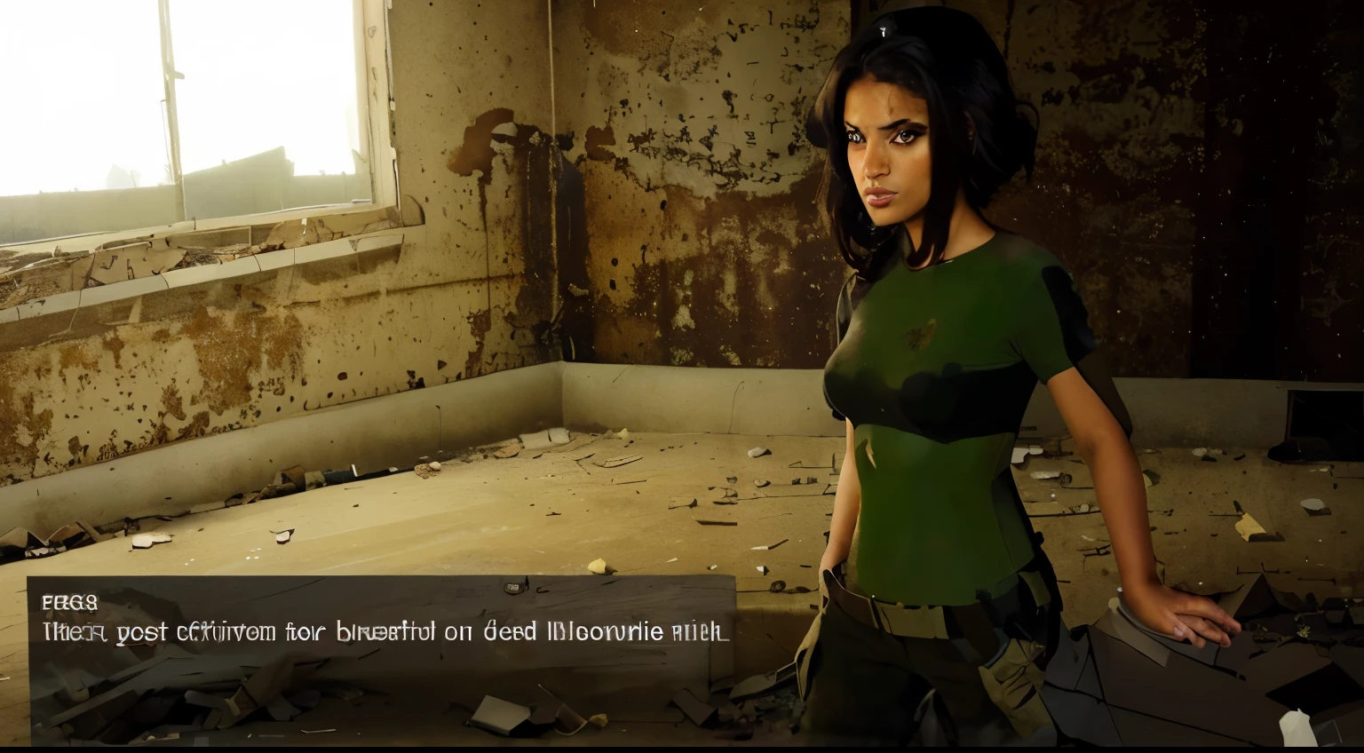 beautiful brown women soldier standing  in abandoned building