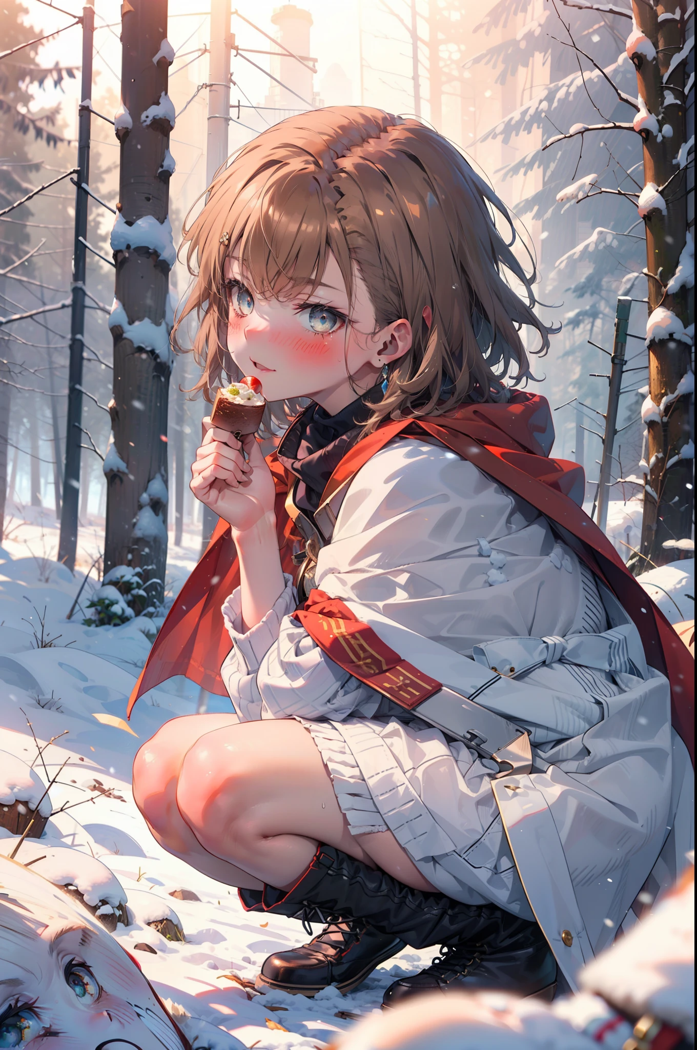 Mycotrose, Brown eyes,Brown Hair,short hair,smile,blush,White Breath,
Open your mouth,snow,Ground bonfire, Outdoor, boots, snowing, From the side, wood, suitcase, Cape, Blurred, Increase your meals, forest, White handbag, nature, Squat, Mouth closed, フードed Cape, winter, Written boundary depth, Black shoes, red Cape break looking at viewer, Upper Body, whole body, break Outdoor, forest, nature, break (masterpiece:1.2), highest quality, High resolution, unity 8k wallpaper, (shape:0.8), (Beautiful and beautiful eyes:1.6), Highly detailed face, Perfect lighting, Highly detailed CG, (Perfect hands, Perfect Anatomy),