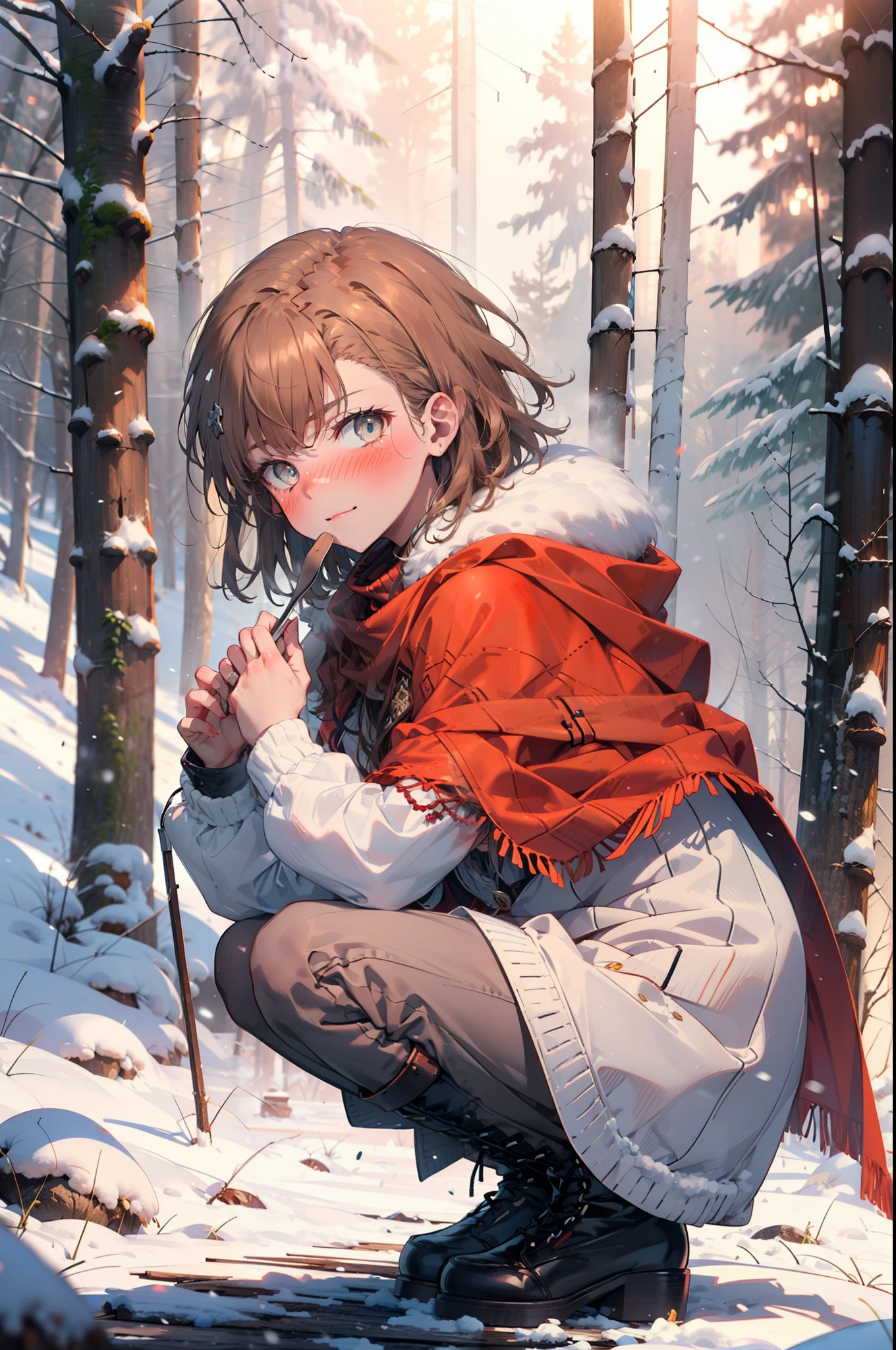 Mycotrose, Brown eyes,Brown Hair,short hair,smile,blush,White Breath,
Open your mouth,snow,Ground bonfire, Outdoor, boots, snowing, From the side, wood, suitcase, Cape, Blurred, Increase your meals, forest, White handbag, nature, Squat, Mouth closed, フードed Cape, winter, Written boundary depth, Black shoes, red Cape break looking at viewer, Upper Body, whole body, break Outdoor, forest, nature, break (masterpiece:1.2), highest quality, High resolution, unity 8k wallpaper, (shape:0.8), (Beautiful and beautiful eyes:1.6), Highly detailed face, Perfect lighting, Highly detailed CG, (Perfect hands, Perfect Anatomy),