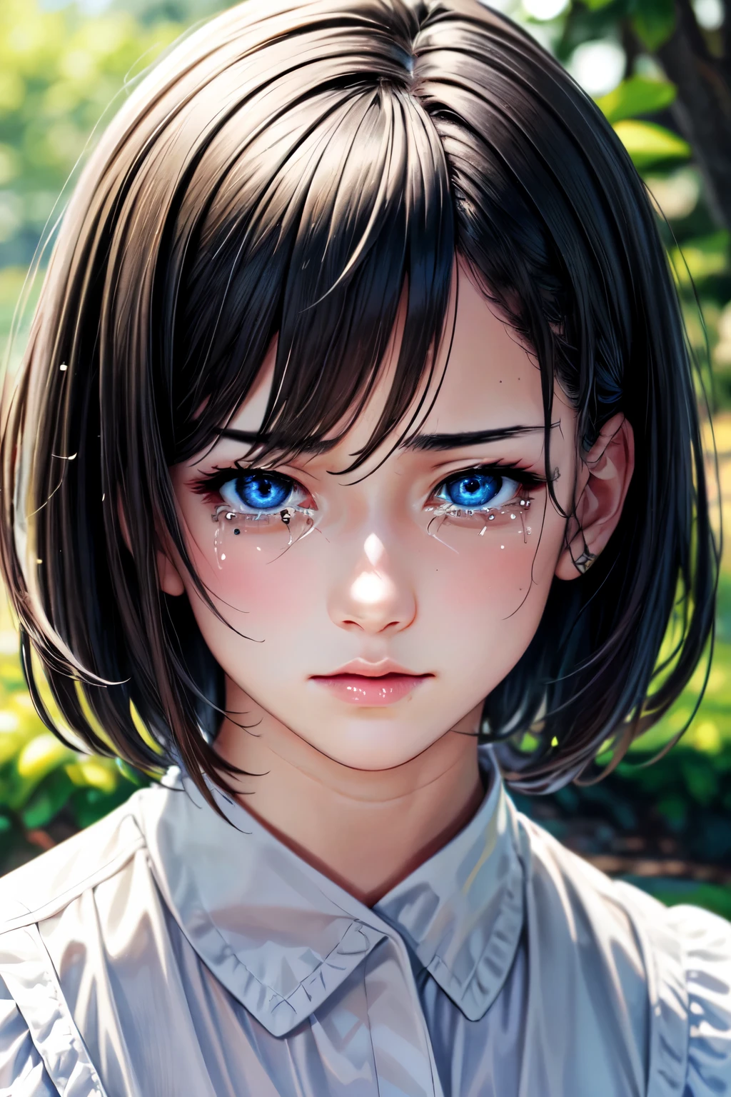 (Browsing Caution:-1), (masterpiece:1.3), (8k, Realistic, RAW Photos, highest quality: 1.4), (One girl), Beautiful Face, (Realistic Face), Beautiful hairstyle, (short hair :1.5), Realistic eyes, Beautiful fine details, (Realistic Skin), Beautiful Skin, (blouse), Absurd, Charm, Ultra-high resolution, Ultra-realistic, Very detailed, Golden Ratio, tearsぐむ表情,tears