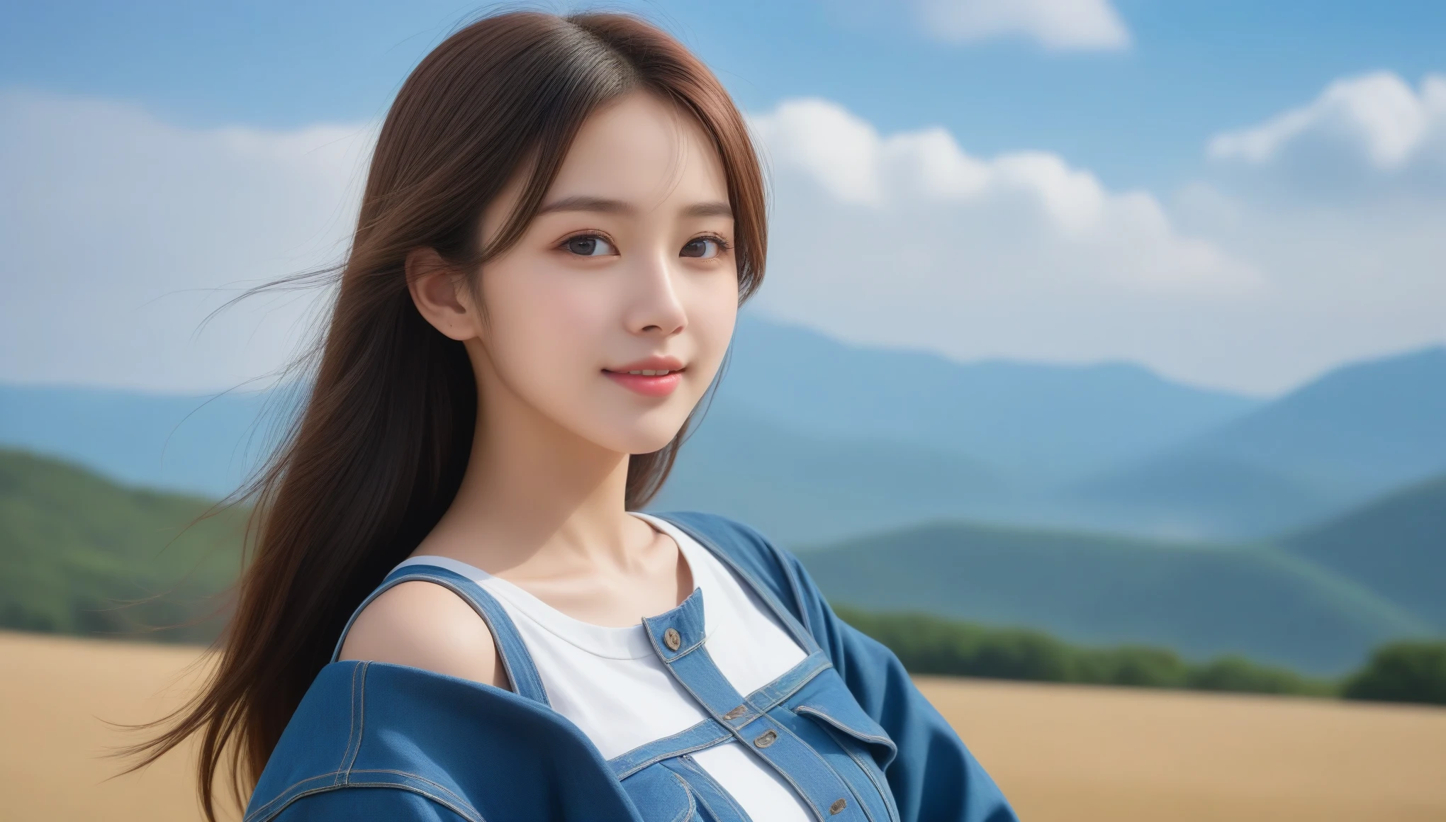 8K, Ultra-high resolution, highest quality, masterpiece, Surreal, photograph, 1 girl, (:1.3), pretty girl, Cute face, Beautiful eyes in every detail,masterpiece,(Beautiful and spectacular skyline, Majestic Sky), (非常に緊張感がありドラマチックなphotograph, Moving visual effects), (The North Star Hanging High, Colorful natural light), (One girl), (Long sleeve tops, Denim shorts, Carry a backpack), (Dynamic pose:1.3, Iris, Kurohime Cut, Shining Girl)[:0.8], (Vast grassland), (head wind), (Brown hair and background coordination effect: 1.2), (Close-up shot, Long Shot Mix and Match)[::0.9] 、Look at the audience、beauty,Long neck、Smile a little、Please close your mouth and laugh、(((Ideal body proportions))),A cup small breasts :2,、Portraiture:2、Perfect Anatomy、Vivid details、detailed、Surreal、Light and shadow,Strong light,Fashion magazine cover,Thin lips