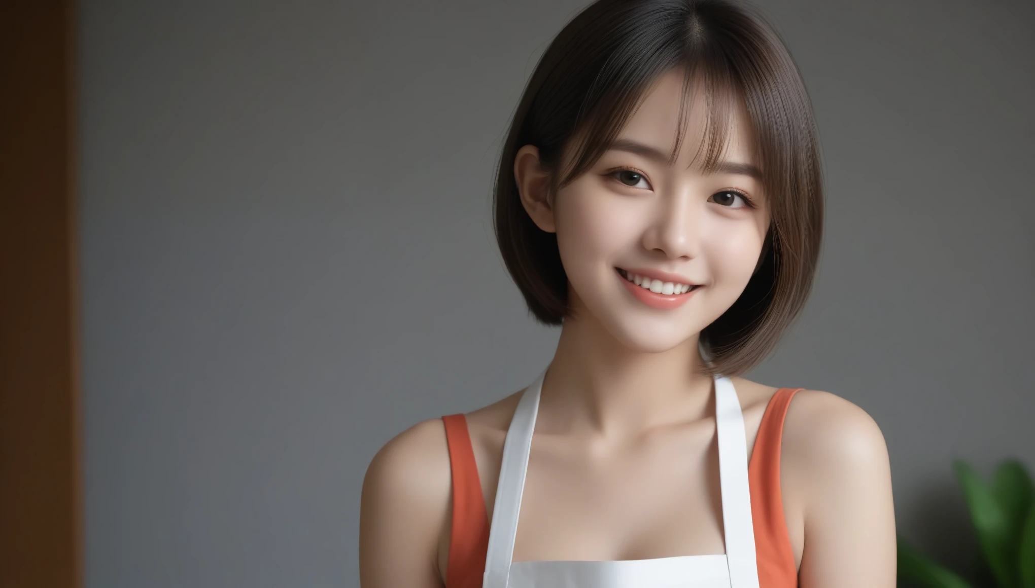 8K, Ultra-high resolution, highest quality, masterpiece, Surreal, photograph, 1 girl, (16 years old:1.3), pretty girl, Cute face, Beautiful eyes in every detail,masterpiece, （((Naked Apron))）、フィルムポートレートphotograph、One Girl、Bob Cut Hair、Layered Hair、Laughter、Calm、(Realistic detailedd eyes、Natural skin texture、Realistic facial details)、Soft and dramatic lighting、Depth of written boundary、Vivid details、detailed、Surreal,((Spread your thighs))、Sexy pose、See through 、Look at the audience、beauty,Long neck、Smile a little、Please close your mouth and laugh、(((Ideal body proportions))),A cup small breasts :2,、Portraiture:2、Perfect Anatomy、Vivid details、detailed、Surreal、Light and shadow,Strong light,Fashion magazine cover,Thin lips