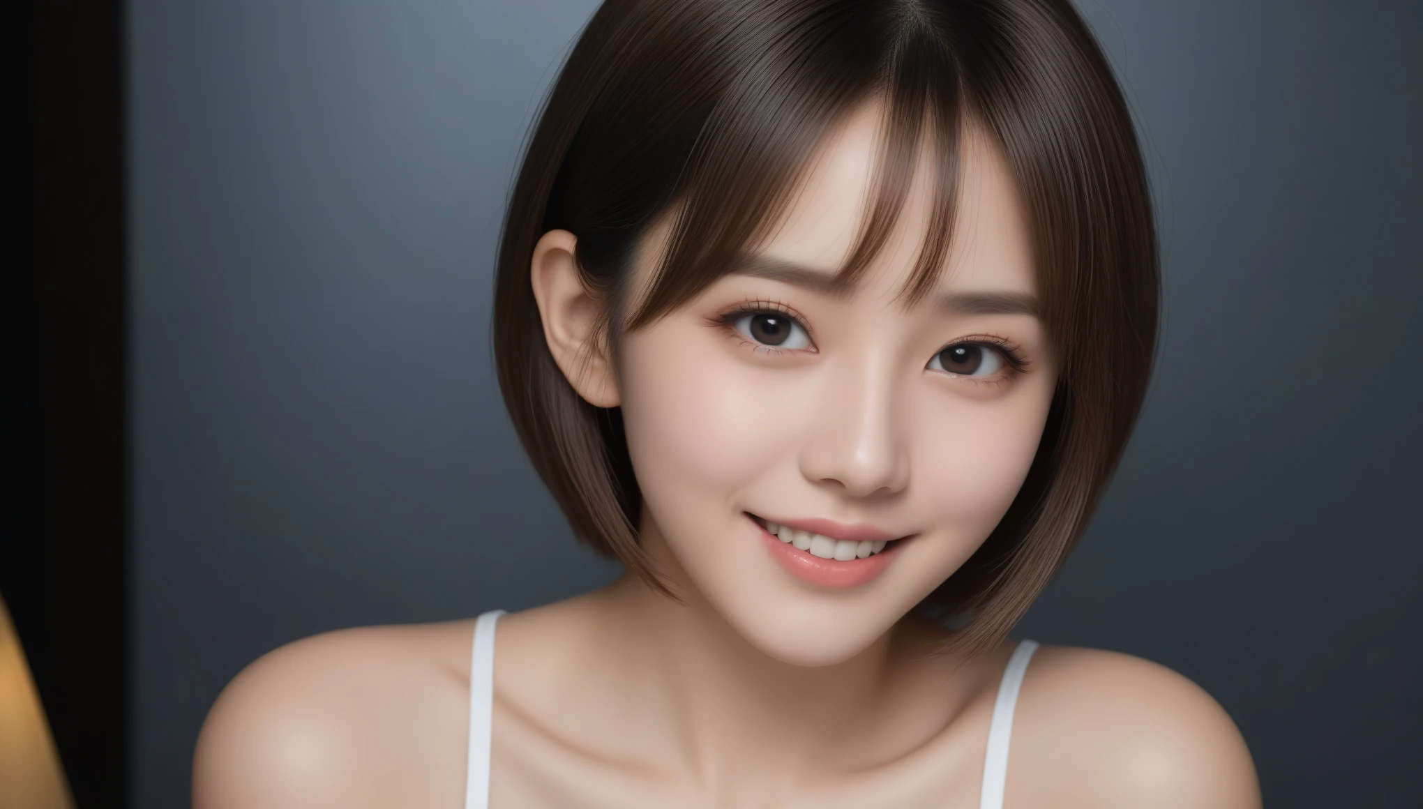 8K, Ultra-high resolution, highest quality, masterpiece, Surreal, photograph, 1 girl, (16 years old:1.3), pretty girl, Cute face, Beautiful eyes in every detail,masterpiece, （((Naked Apron))）、フィルムポートレートphotograph、One Girl、Bob Cut Hair、Layered Hair、Laughter、Calm、(Realistic detailedd eyes、Natural skin texture、Realistic facial details)、Soft and dramatic lighting、Depth of written boundary、Vivid details、detailed、Surreal,((Spread your thighs))、Sexy pose、See through 、Look at the audience、beauty,Long neck、Smile a little、Please close your mouth and laugh、(((Ideal body proportions))),A cup small breasts :2,、Portraiture:2、Perfect Anatomy、Vivid details、detailed、Surreal、Light and shadow,Strong light,Fashion magazine cover,Thin lips