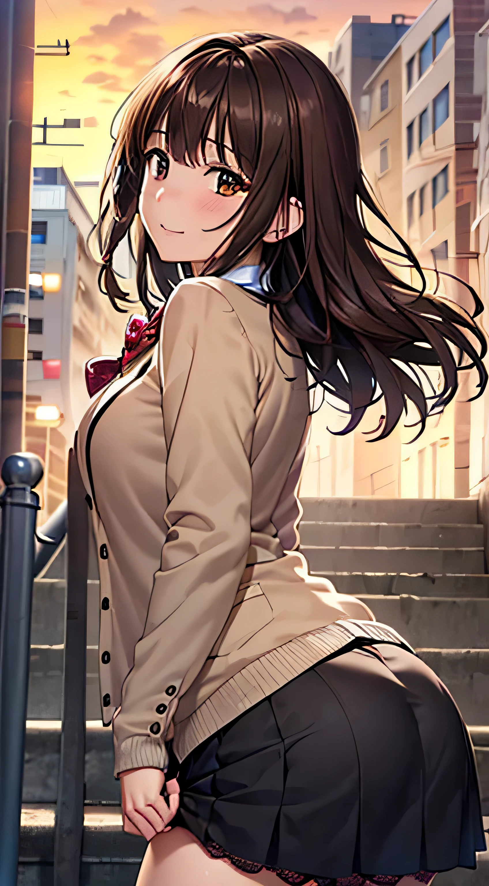 ((Tabletop, highest quality, High resolution, Hmph, Perfect Pixel, 4K, Hmph, Hmph))), One Girl, single, alone, Beauty、The whole body is visible、 ((Mid-wave hair, bangs, Brown Hair)), ((Brown eyes, Beautiful eyelashes, Realistic eyes)), ((Detailed face, Blushing:1.2)), ((Smooth texture:0.75, Realistic texture:0.65, Realistic:1.1, Anime CG Style)), Medium chest, Dynamic Angle, Perfect body, ((Red bow tie, , Black jacket, Open jacket, Brown cardigan, White shirt, Black Skirt, Checked skirt)), City stairs、Looking up from the bottom of the stairs、Very embarrassing panic smile, looked back、Leaning forward、(The wind blew up her skirt, exposing her buttocks....................、Touch your buttocks with both hands、Light pink and red floral lace panties)、