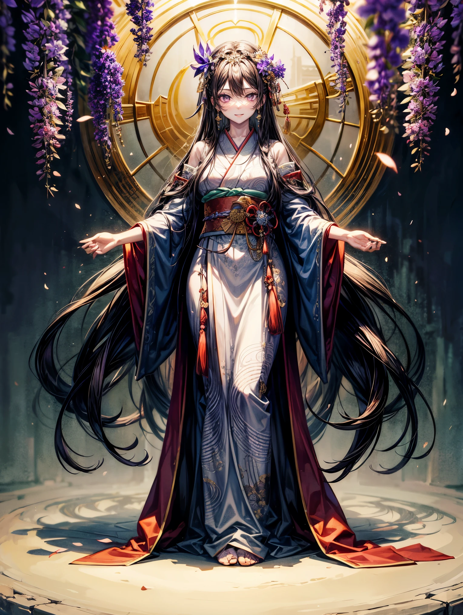 masterpiece,highest quality,Ultra high definition,Izanami,Mythical atmosphere, Long flowing black hair, ((purple eyes)), Traditional divine robe, Mysterious aura, Wisteria ornamentation, Sea of clouds in background, Ancient Japanese god-like appearance, Graceful standing posture, Silent expression, Accessories with sacred power, Mythological background,purple eyes,smile,smile